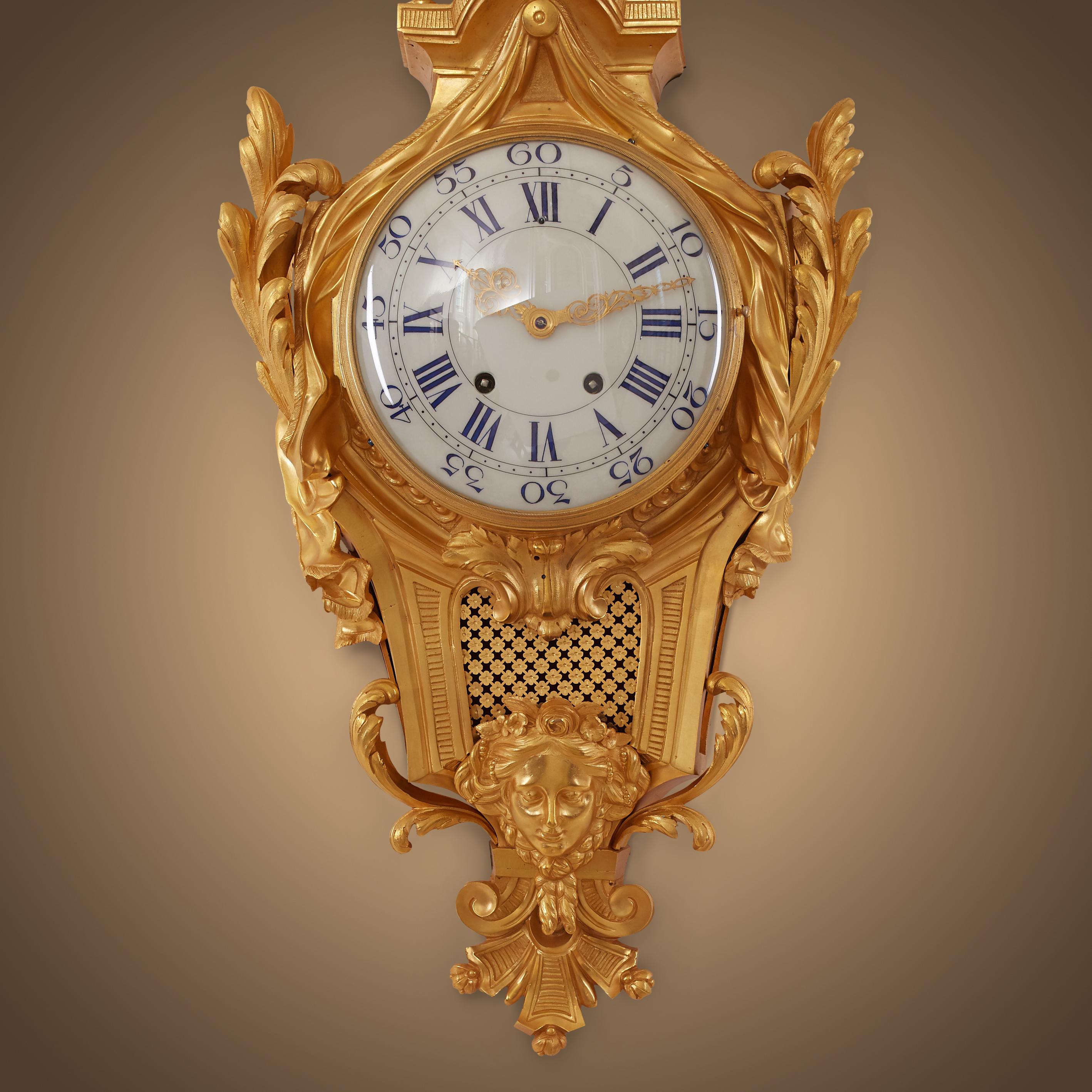 Louis XVI style gilt bronze Quarter Striking Cartel Clock In Good Condition In Warsaw, PL