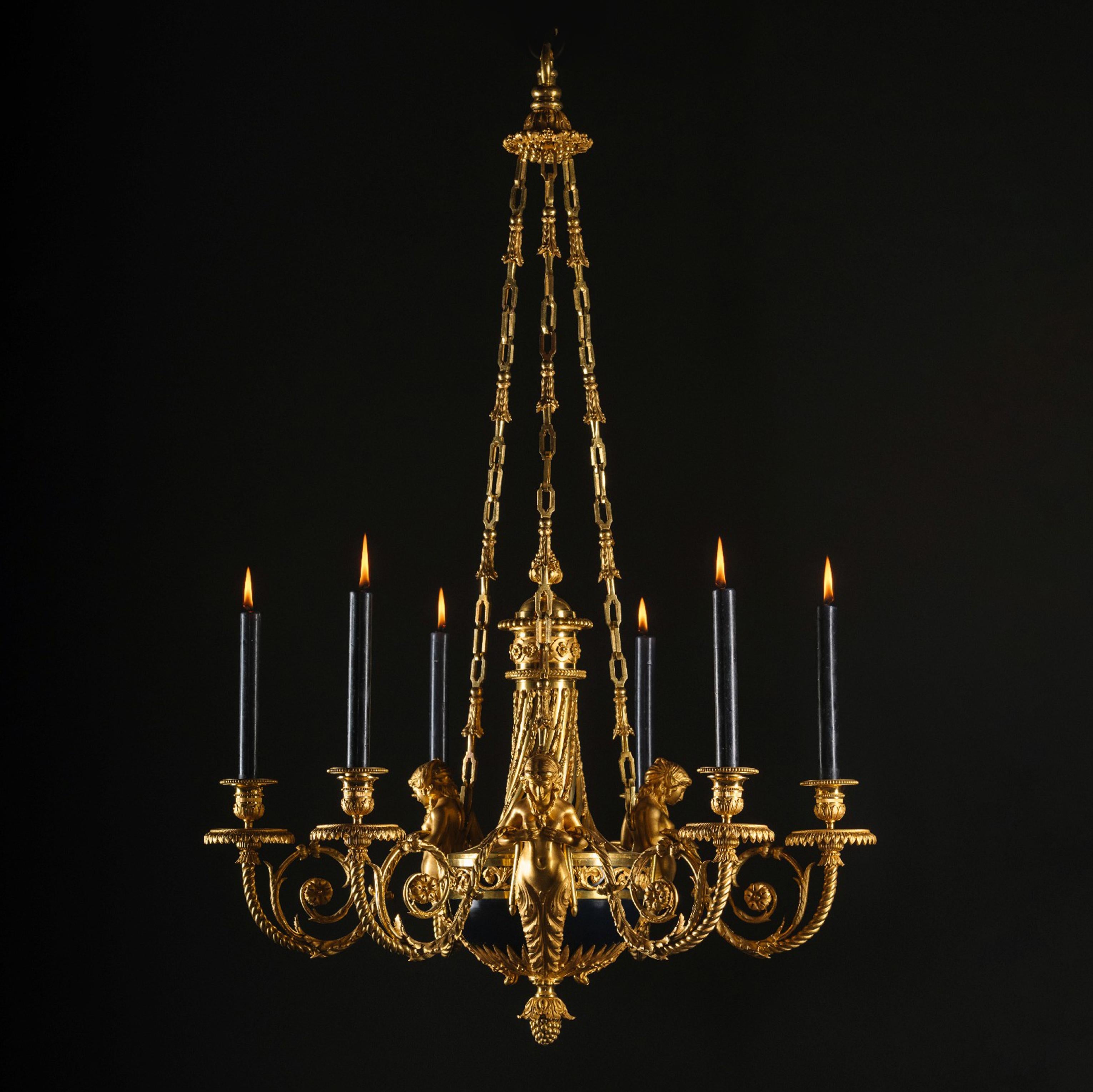 19th Century Louis XVI Style Gilt-Bronze Six-Light Chandelier 'Aux Termes' For Sale