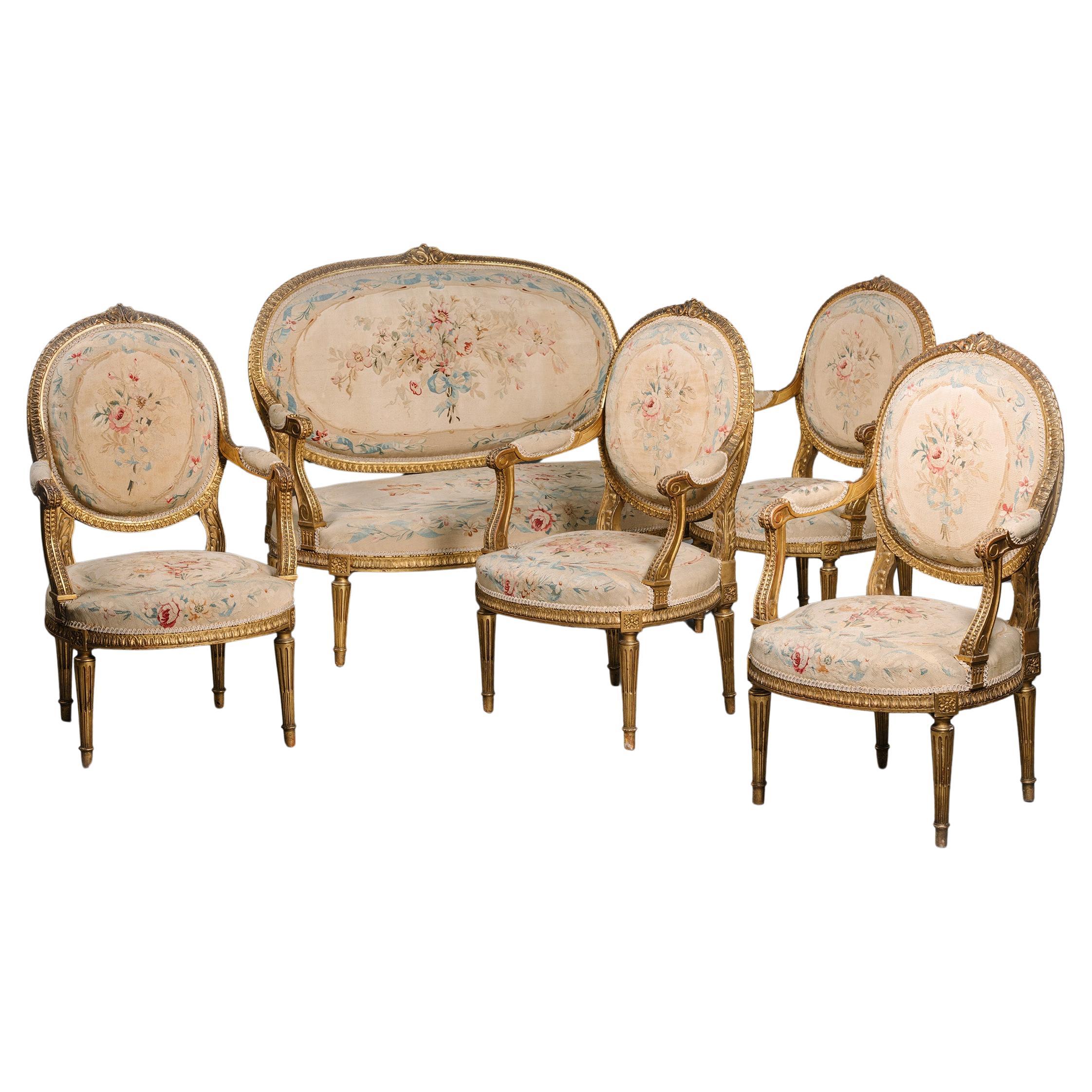 Fünfteilige Salon-Suite aus vergoldetem Holz und Aubusson-Wandteppich im Louis-XVI.-Stil im Angebot