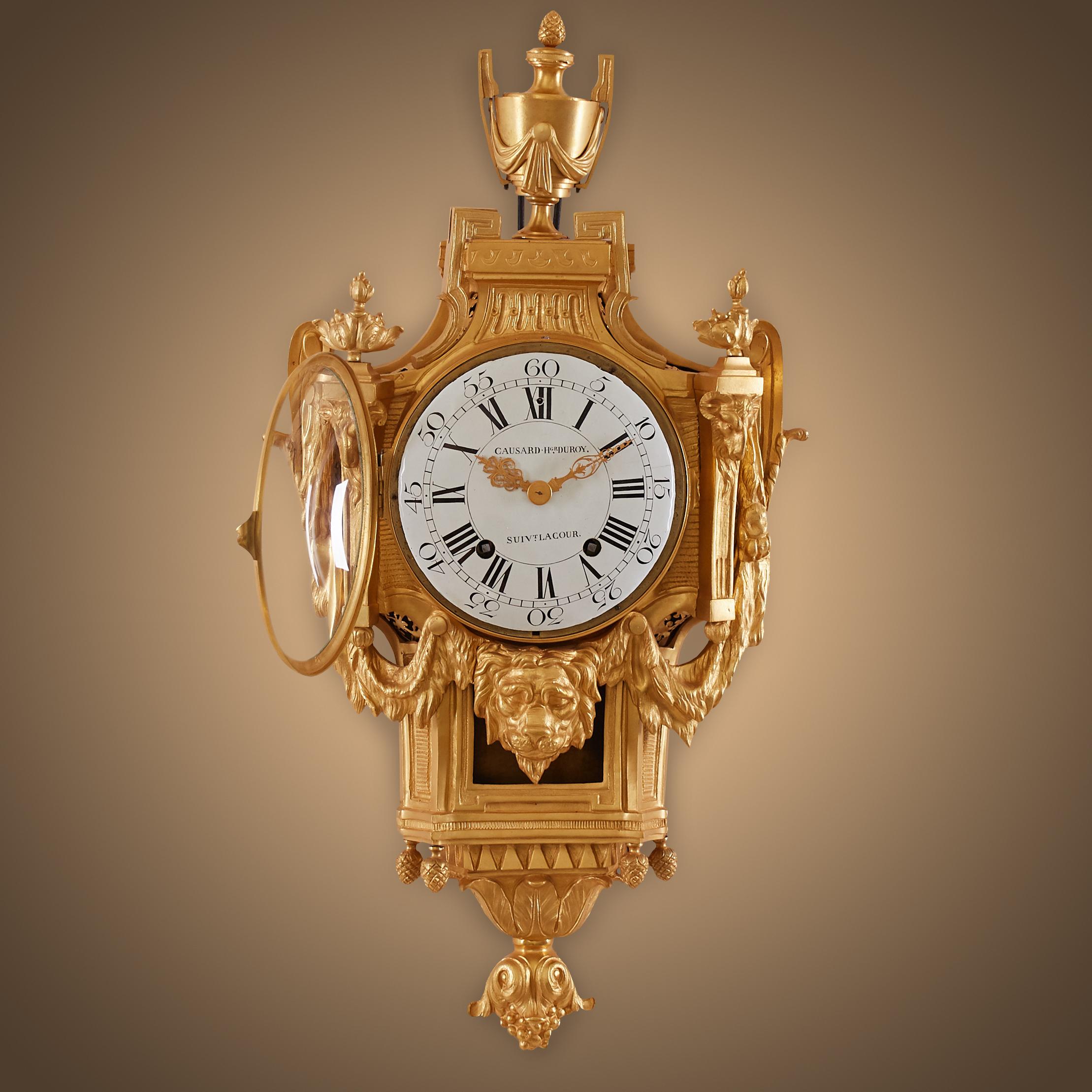 “A Louis XVI style lion mask wall clock”
This fire gilt bronze Louis XVI style lion mask wall clock was one of the most outstanding masterpieces, which was originally made by Edme-Jean Causard – one of the most well-known and professional