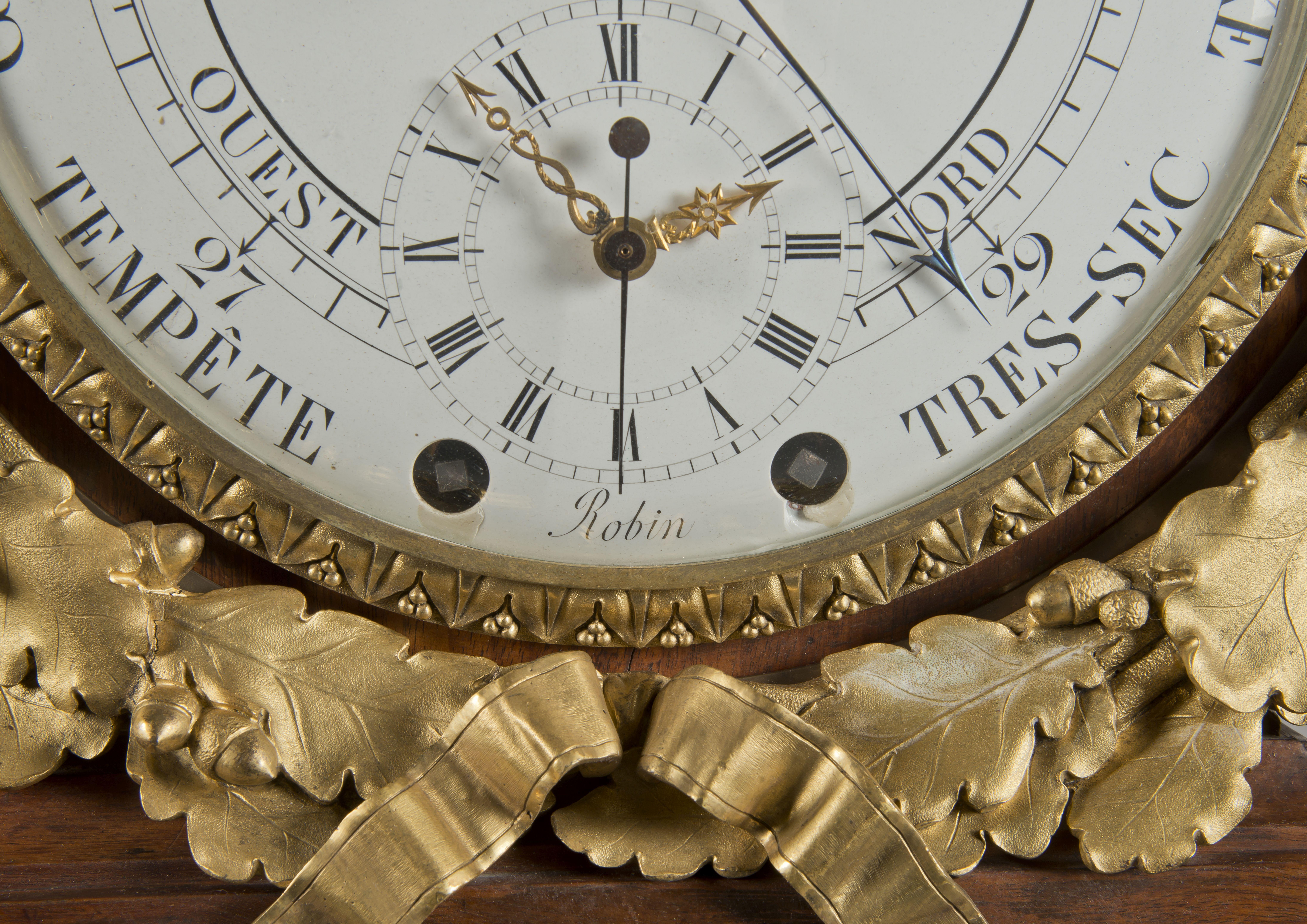 French Louis XVI Style Mahogany Cartel Clock and Barometer, After Carlin, circa 1870 For Sale