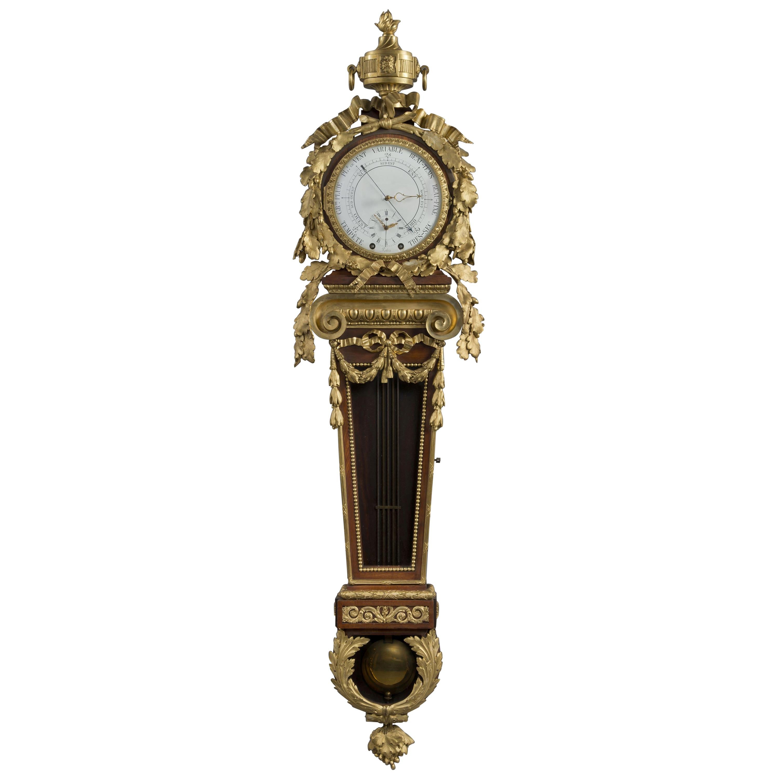 Orologio a cartello e barometro in mogano in stile Luigi XVI, dopo Carlin, circa 1870