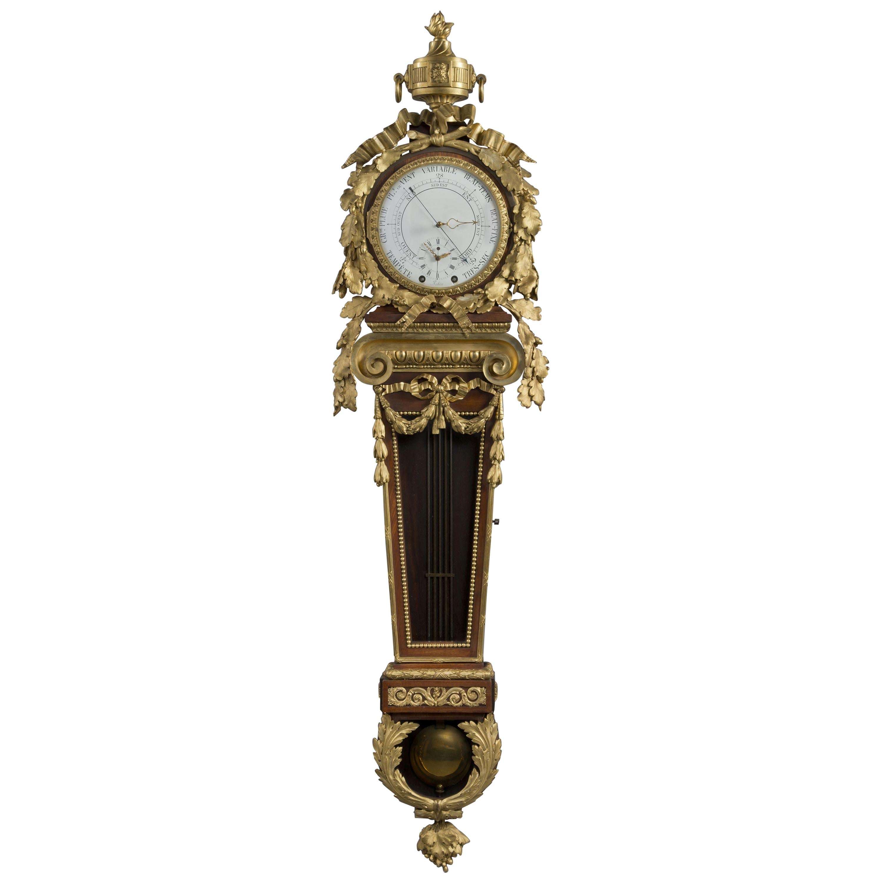 Louis XVI Style Mahogany Cartel Clock and Barometer, After Carlin, circa 1870 For Sale