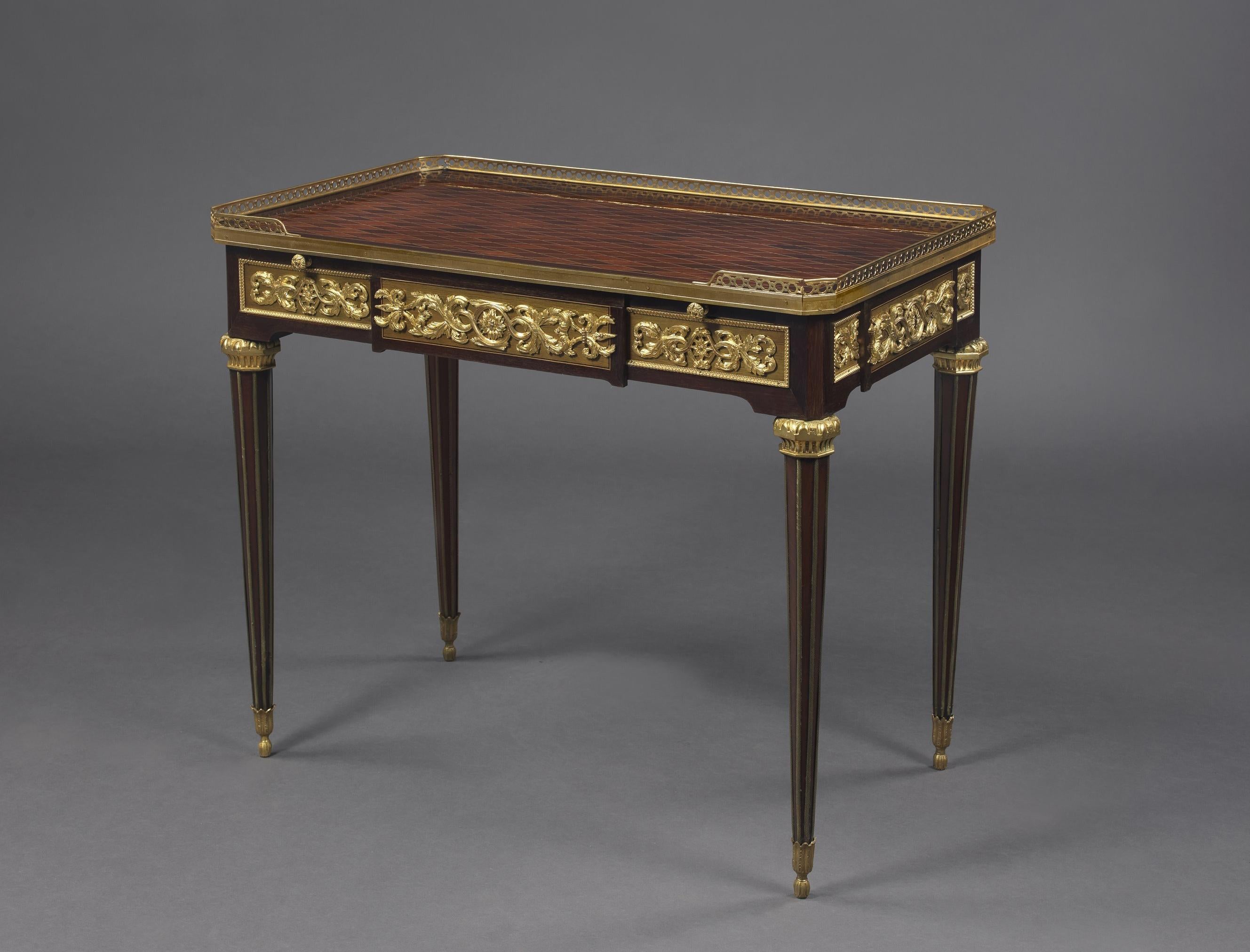 A Louis XVI style mahogany gilt bronze centre table after The Model by Jean-Henri Riesener by Paul Sormani.

French, circa 1890. 

Stamped 'Paul Sormani 10 rue Charlot à Paris'.

This fine mahogany centre table has a lattice parquetry top with