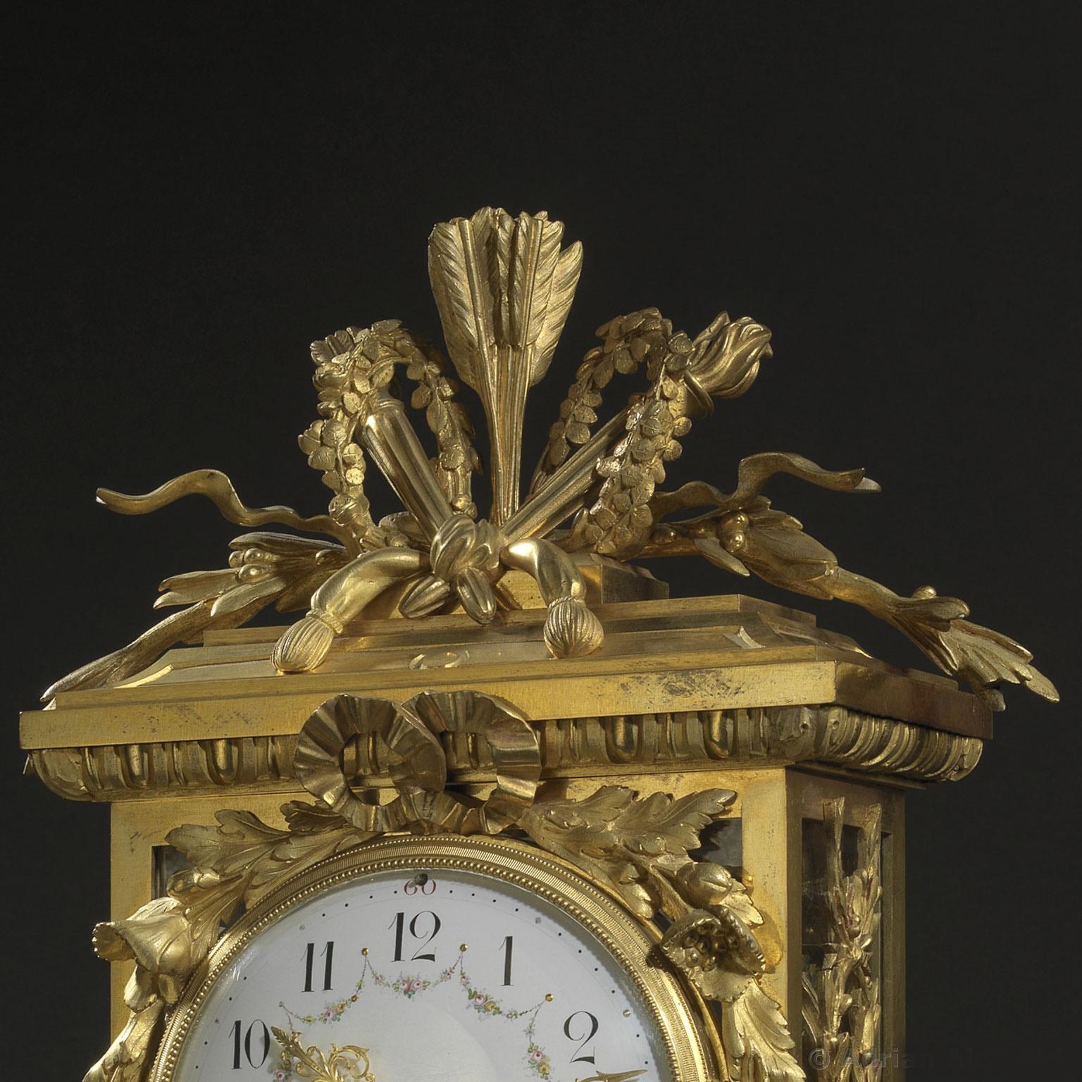 A Very Fine Gilt-Bronze Clock With A White Marble Base by François Linke.    

The case signed 'Linke'.

This rare example of a clock by François Linke has a twin train eight-day movement striking on a bell.  

The Louis XVI style rectangular case