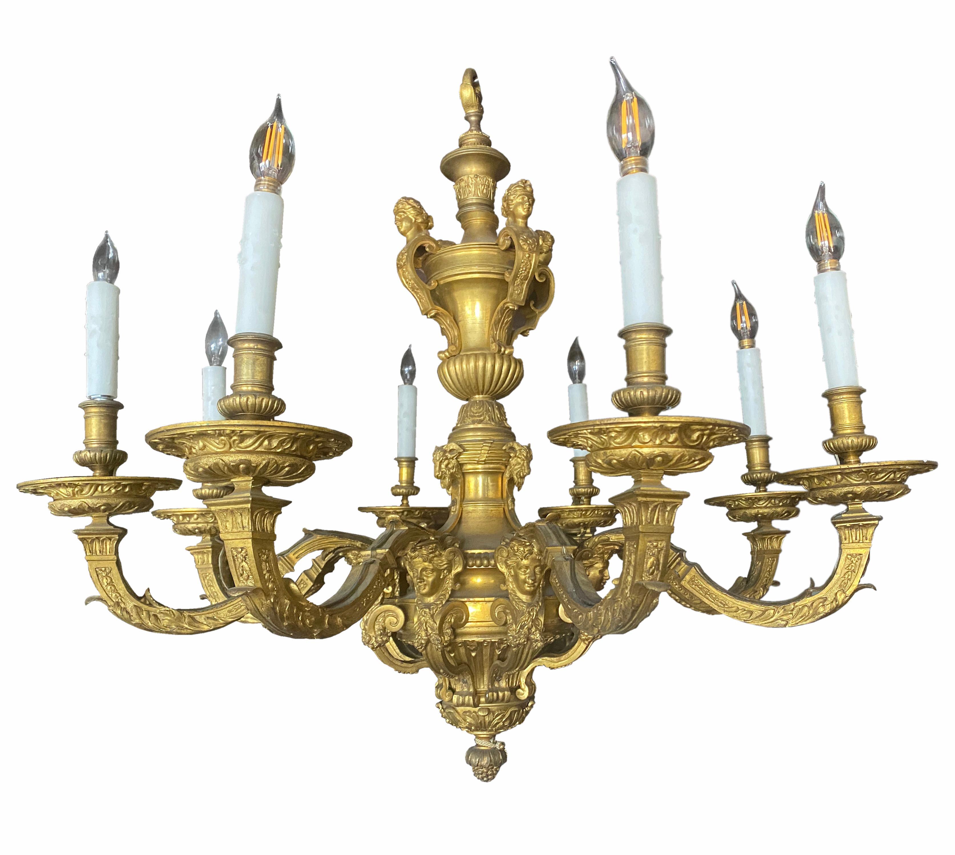 A Louis XVI style Ormolu eight-light gilt bronze chandelier, after the model by Andre-Charles Boulle,
French, 19th century. 
The urn-form baluster stem surmounted with putto terms, the spreading lower section issuing two tiers of scolling
