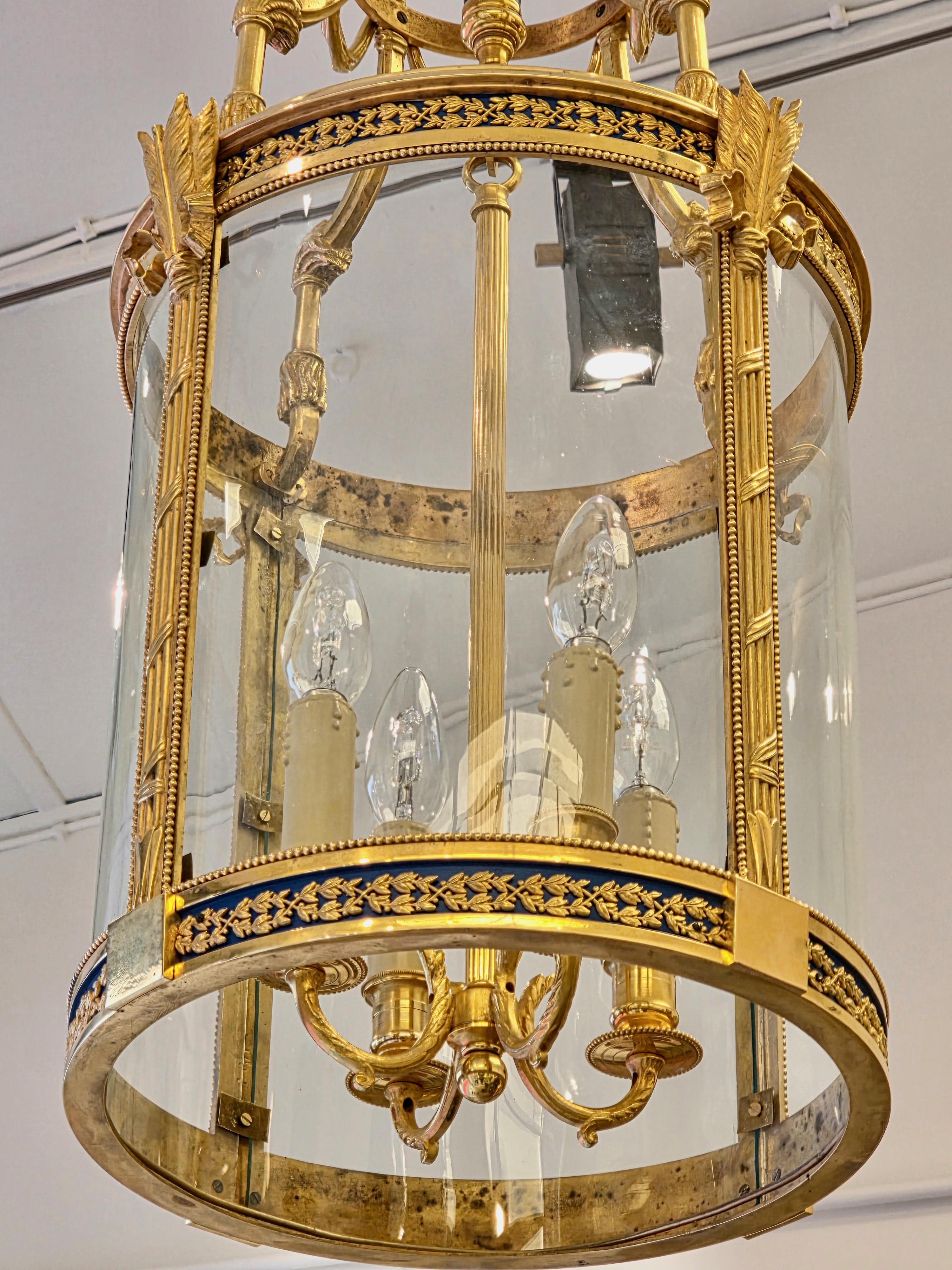 A Louis XVI Style Patinated and Gilt Bronze Four Light Hall Lantern, circa 1880 For Sale 3
