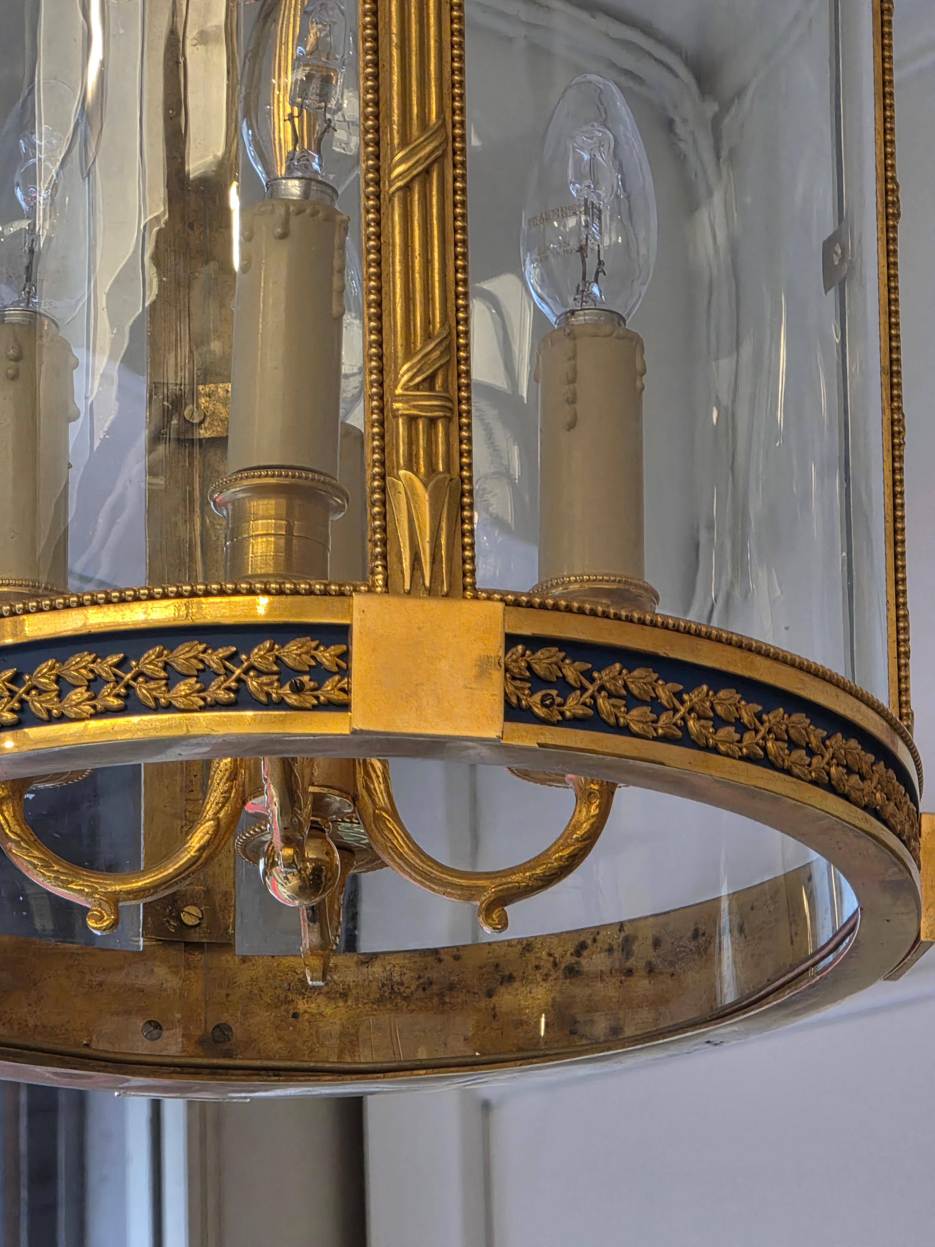 A Louis XVI Style Patinated and Gilt Bronze Four Light Hall Lantern, circa 1880 For Sale 4