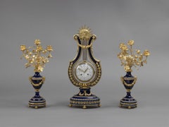 Louis XVI Style Porcelain and Gilt-Bronze Lyre Clock Garniture, circa 1900