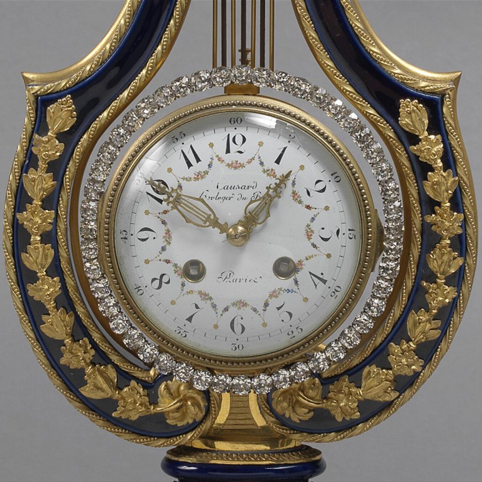 French Louis XVI Style Porcelain and Gilt-Bronze Lyre Clock Garniture, circa 1900 For Sale