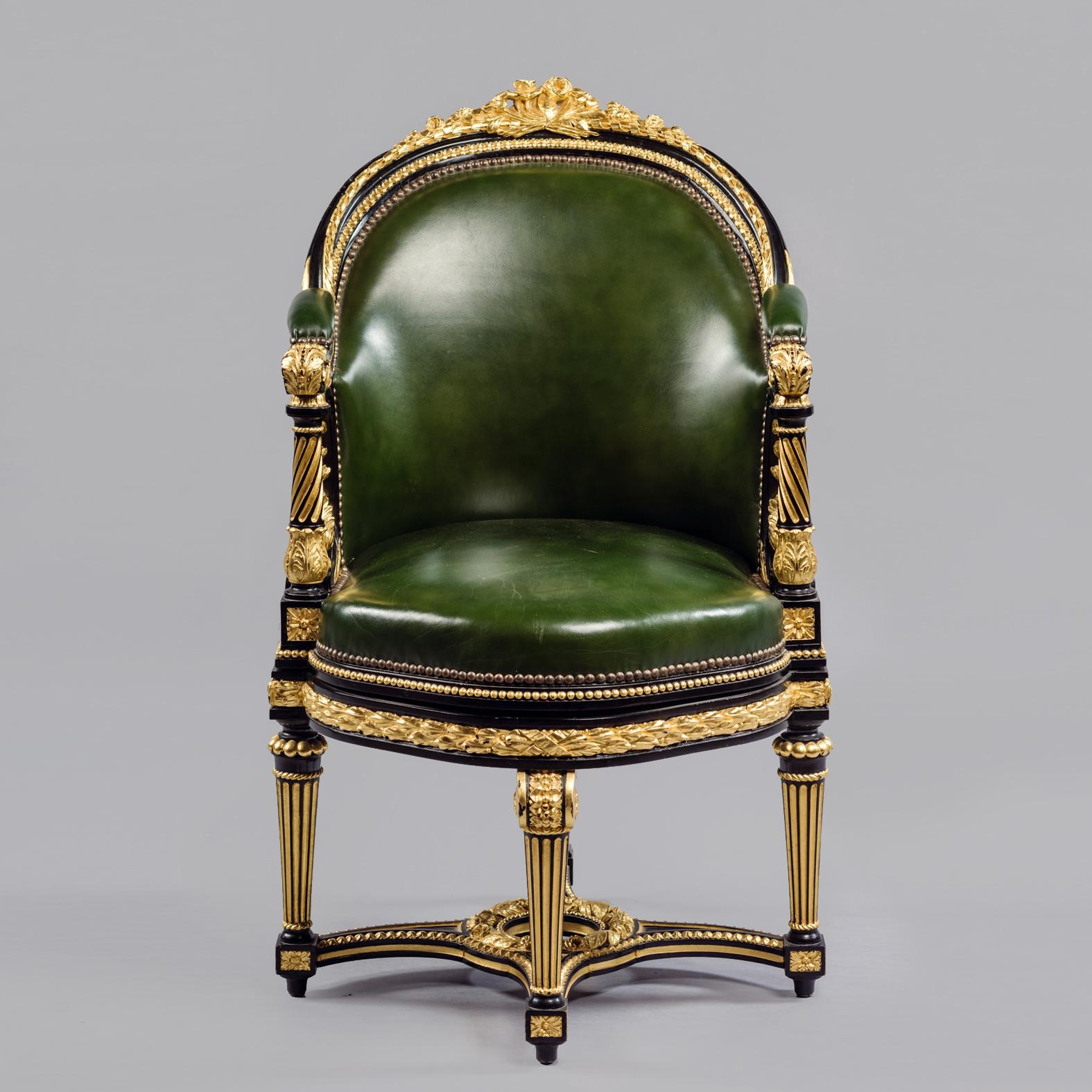 French Louis XVI Style Rotating Desk Chair Upholstered in Green Leather