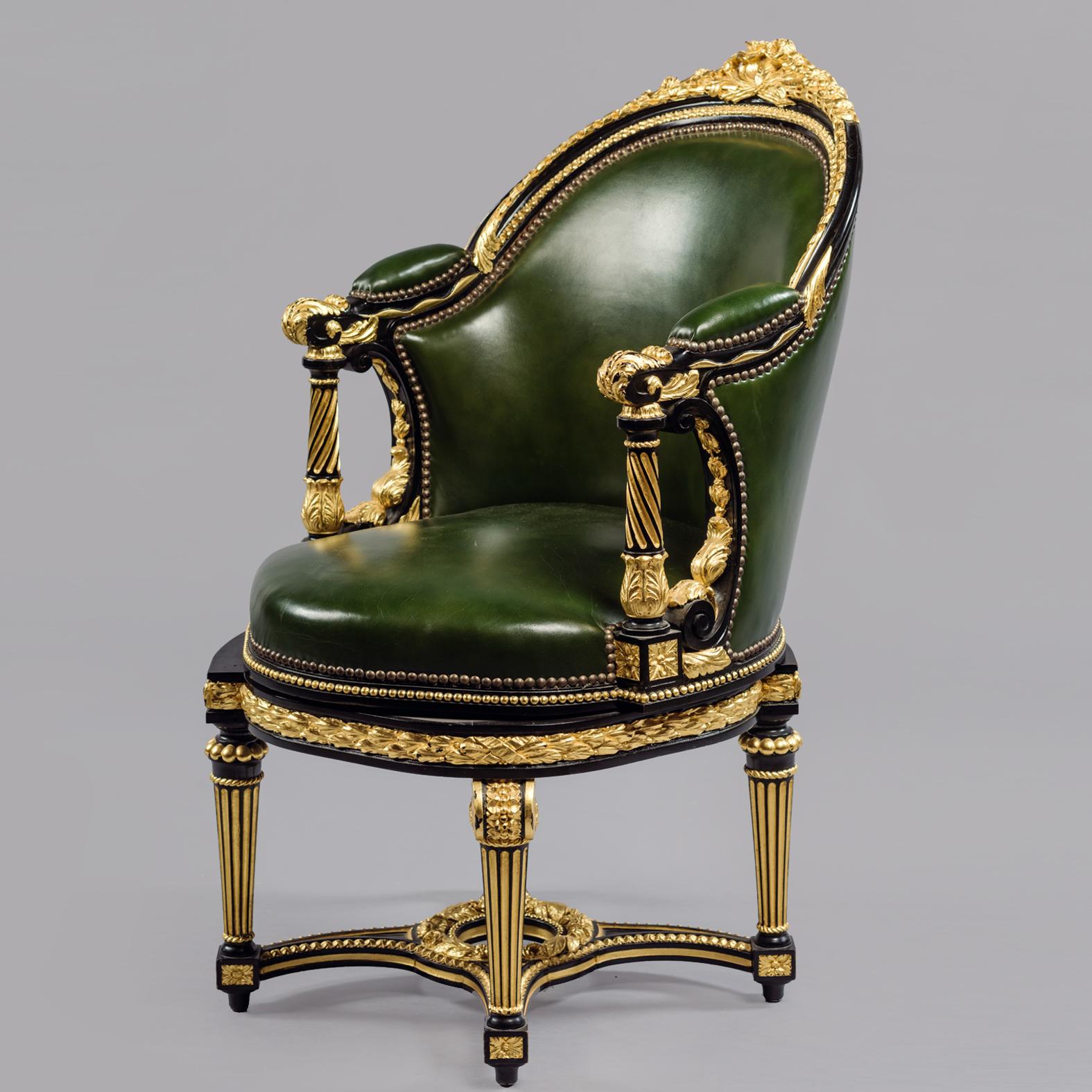Louis XVI Style Rotating Desk Chair Upholstered in Green Leather In Good Condition In Brighton, West Sussex