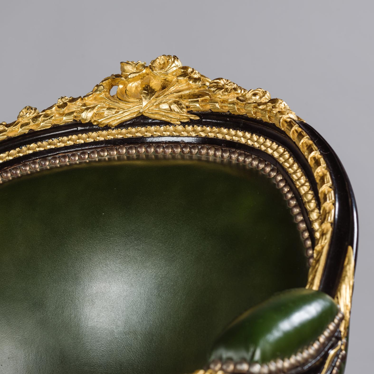 Louis XVI Style Rotating Desk Chair Upholstered in Green Leather 1