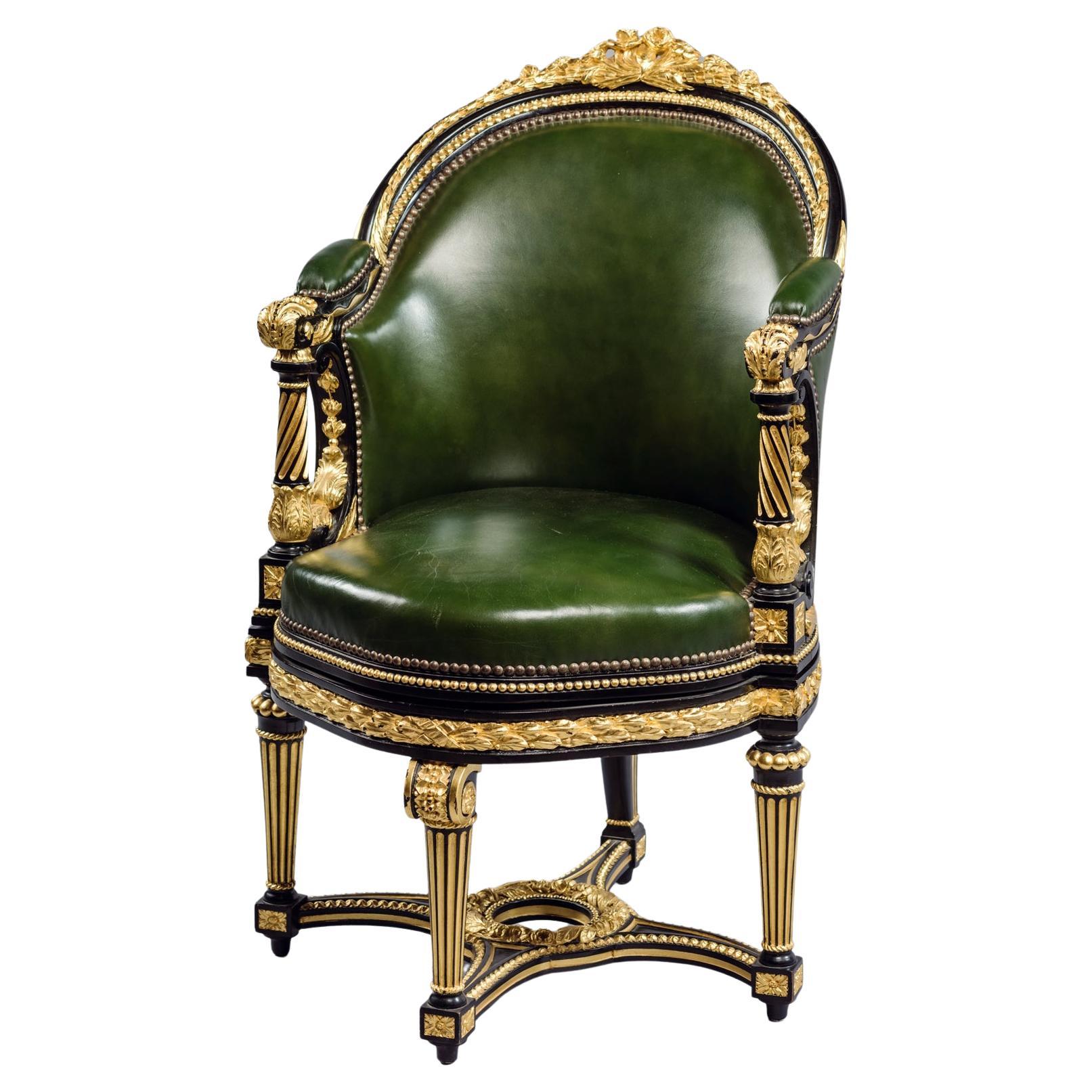 Louis XVI Style Rotating Desk Chair Upholstered in Green Leather