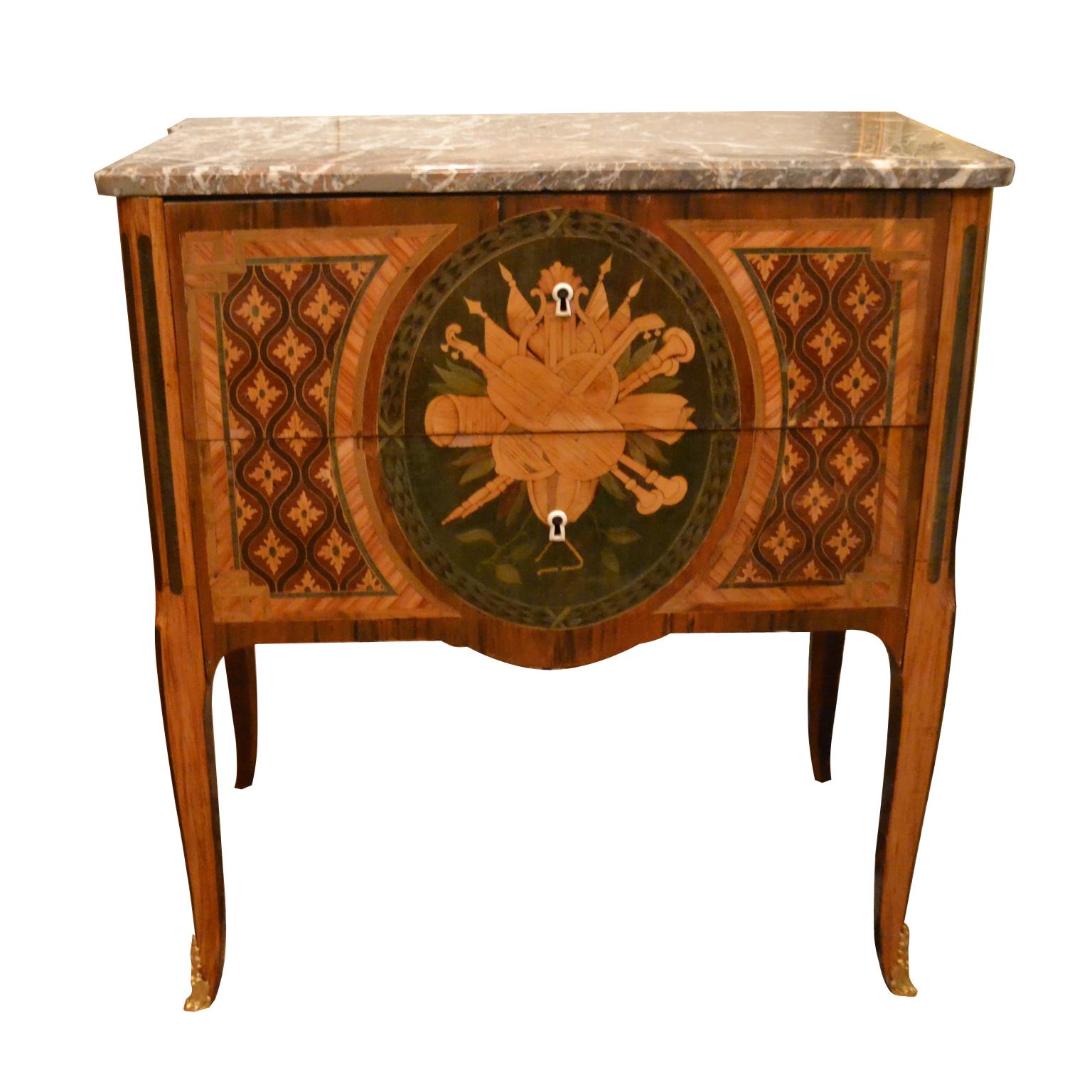 Hand-Crafted Louis XVI Transitional Two-Drawer Commode with a Breche Marble Top For Sale