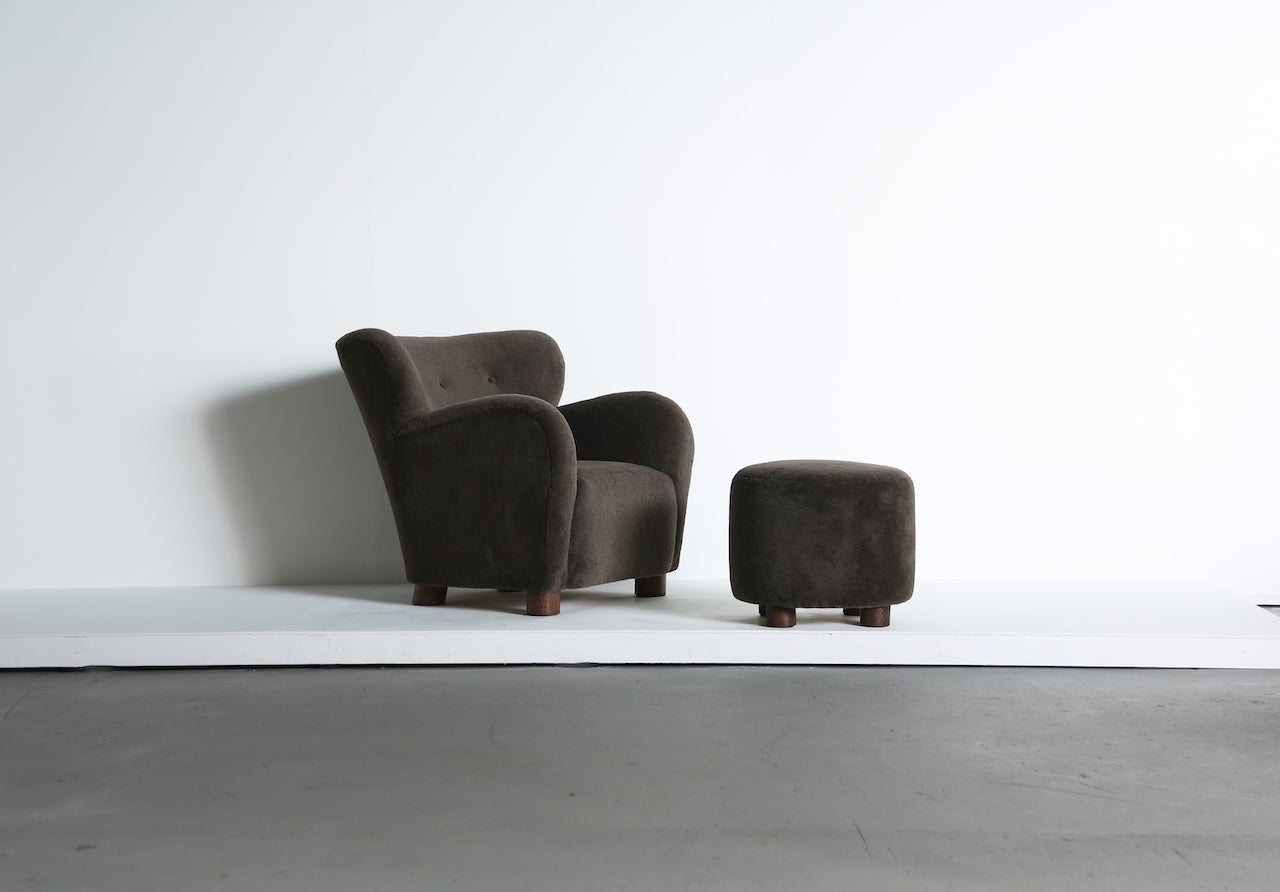 A superb modern lounge chair / armchair and ottoman.  Beech frames and sprung seats.  Upholstered in a premium, soft, pure alpaca wool fabric with solid oak feet.  Handmade in England.  Fast shipping worldwide.   Pairs are available - please see