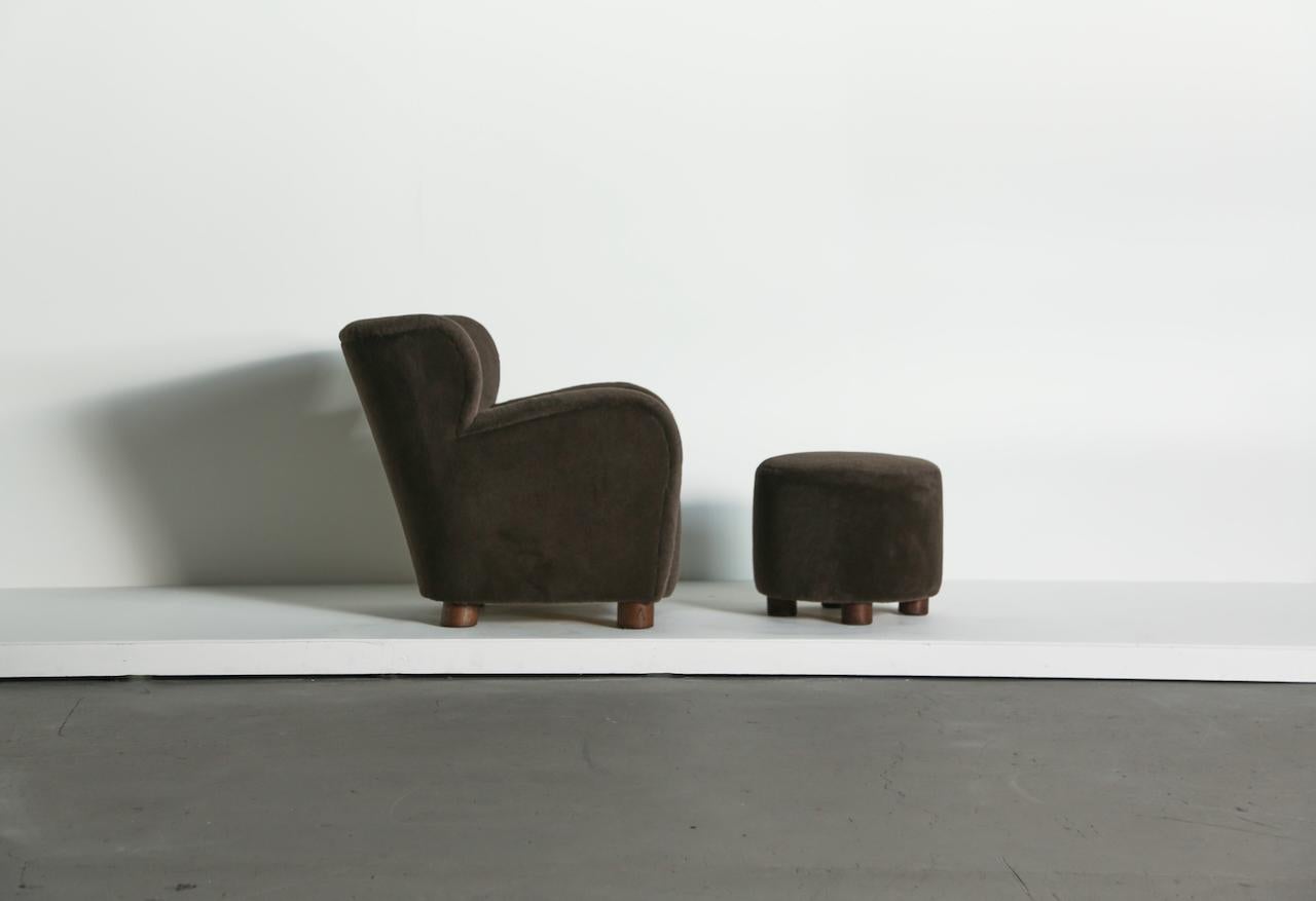 Scandinavian Modern A Lounge Chair / Armchair and Ottoman, Upholstered in Pure Alpaca For Sale