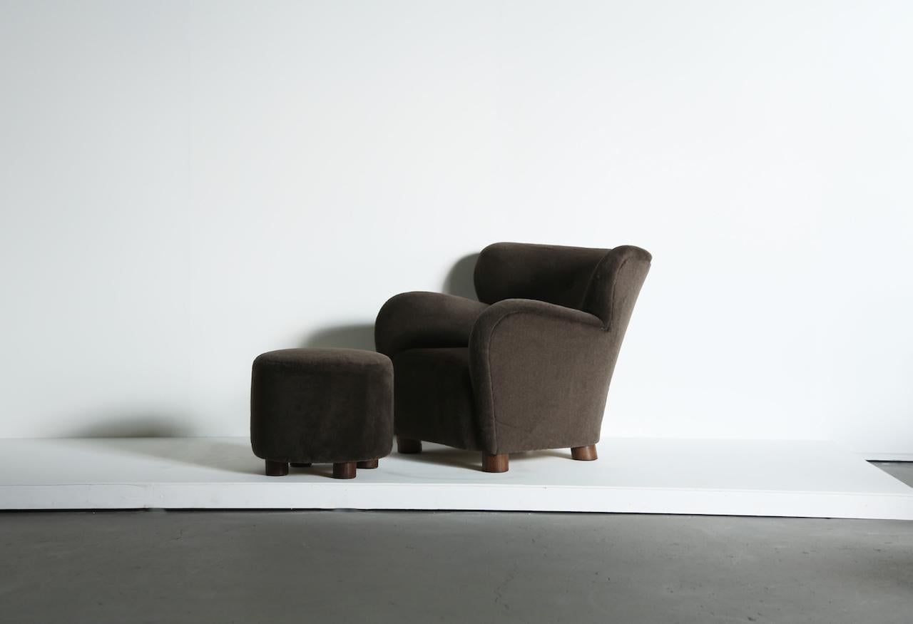 British A Lounge Chair / Armchair and Ottoman, Upholstered in Pure Alpaca For Sale