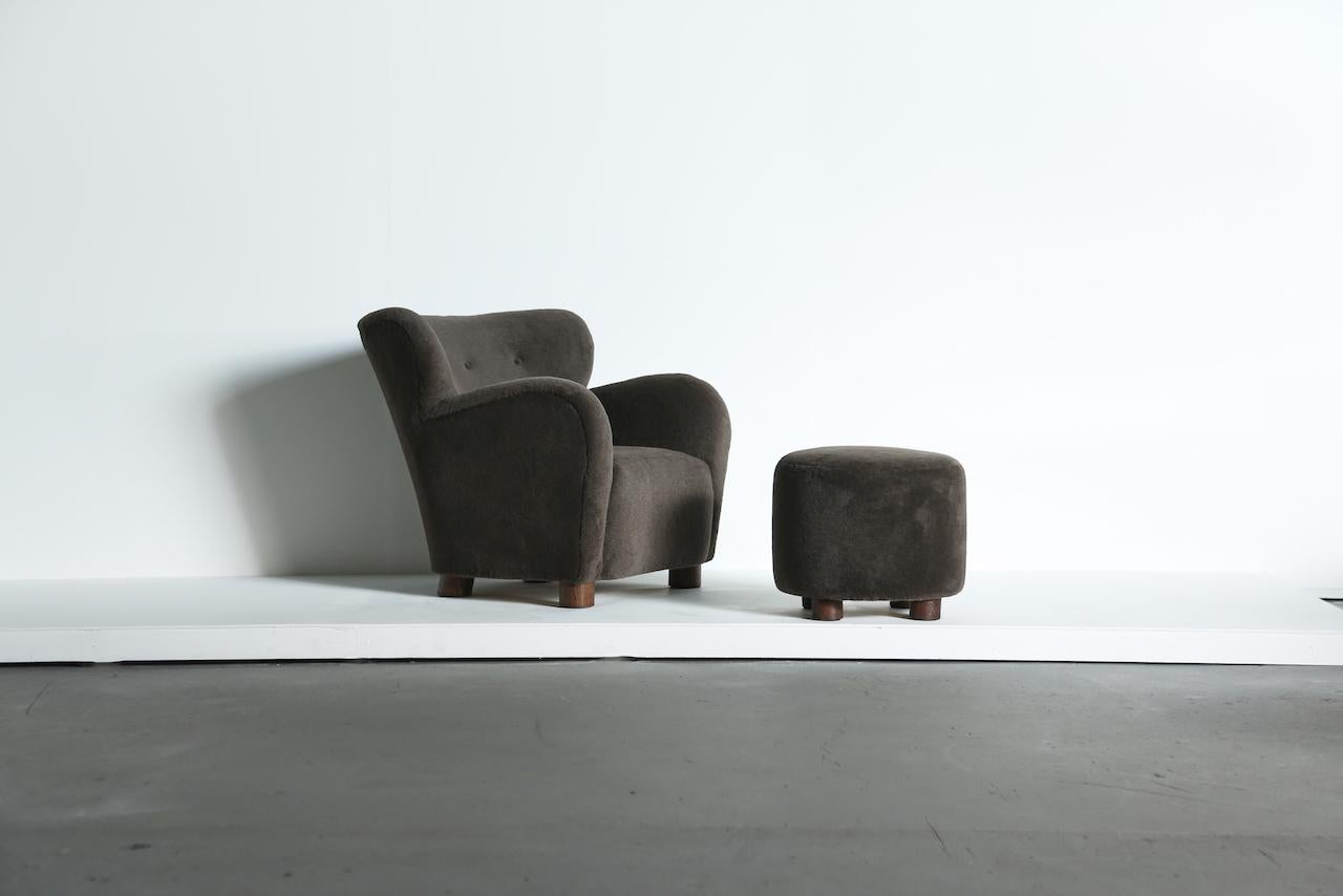 Contemporary A Lounge Chair / Armchair and Ottoman, Upholstered in Pure Alpaca For Sale