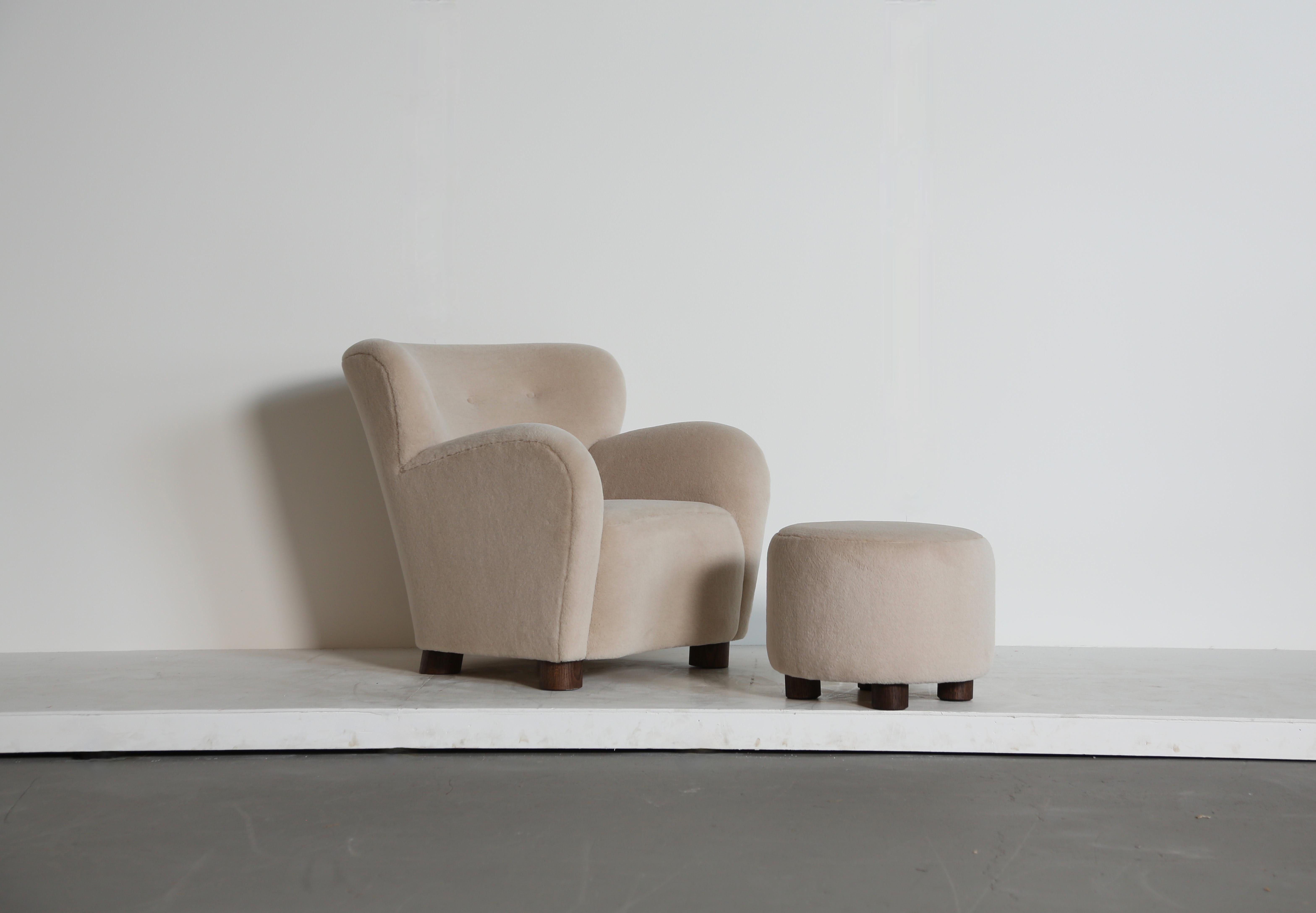 Contemporary A Lounge Chair / Armchair and Ottoman, Upholstered in Pure Ivory Alpaca For Sale