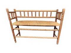 Lovely 1890s English Oak and Elm Bobbin Bench Seat with Rush Woven Seat