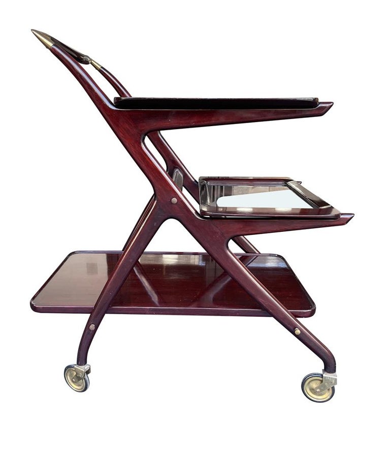 Lovely 1950s Cesare Lacca Mahogany Bar Cart Trolley with Removable Trays For Sale 8