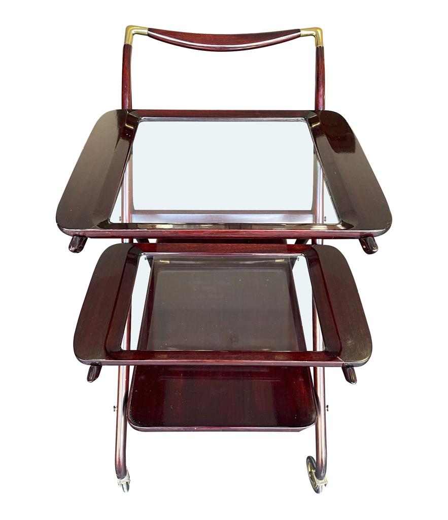 Italian Lovely 1950s Cesare Lacca Mahogany Bar Cart Trolley with Removable Trays For Sale