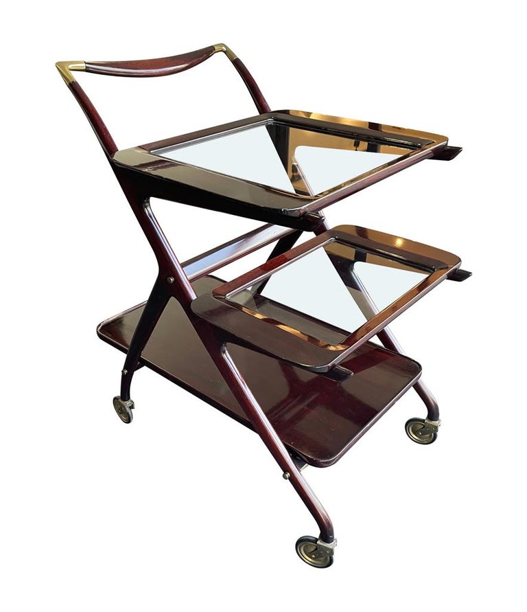 Mid-20th Century Lovely 1950s Cesare Lacca Mahogany Bar Cart Trolley with Removable Trays For Sale