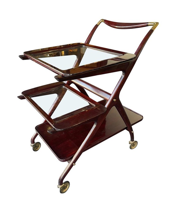 Brass Lovely 1950s Cesare Lacca Mahogany Bar Cart Trolley with Removable Trays For Sale