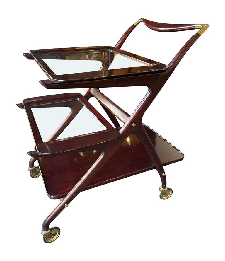 Lovely 1950s Cesare Lacca Mahogany Bar Cart Trolley with Removable Trays For Sale 2