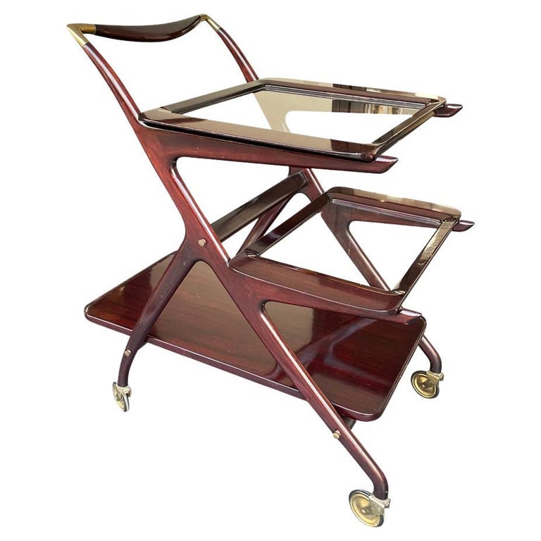 Lovely 1950s Cesare Lacca Mahogany Bar Cart Trolley with Removable Trays For Sale