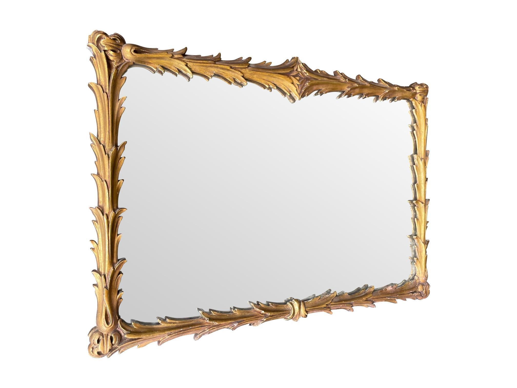 Lovely 1950s Italian Rectangular Rococo Style Gilt Gesso Acanthus Wall Mirror In Good Condition For Sale In London, GB