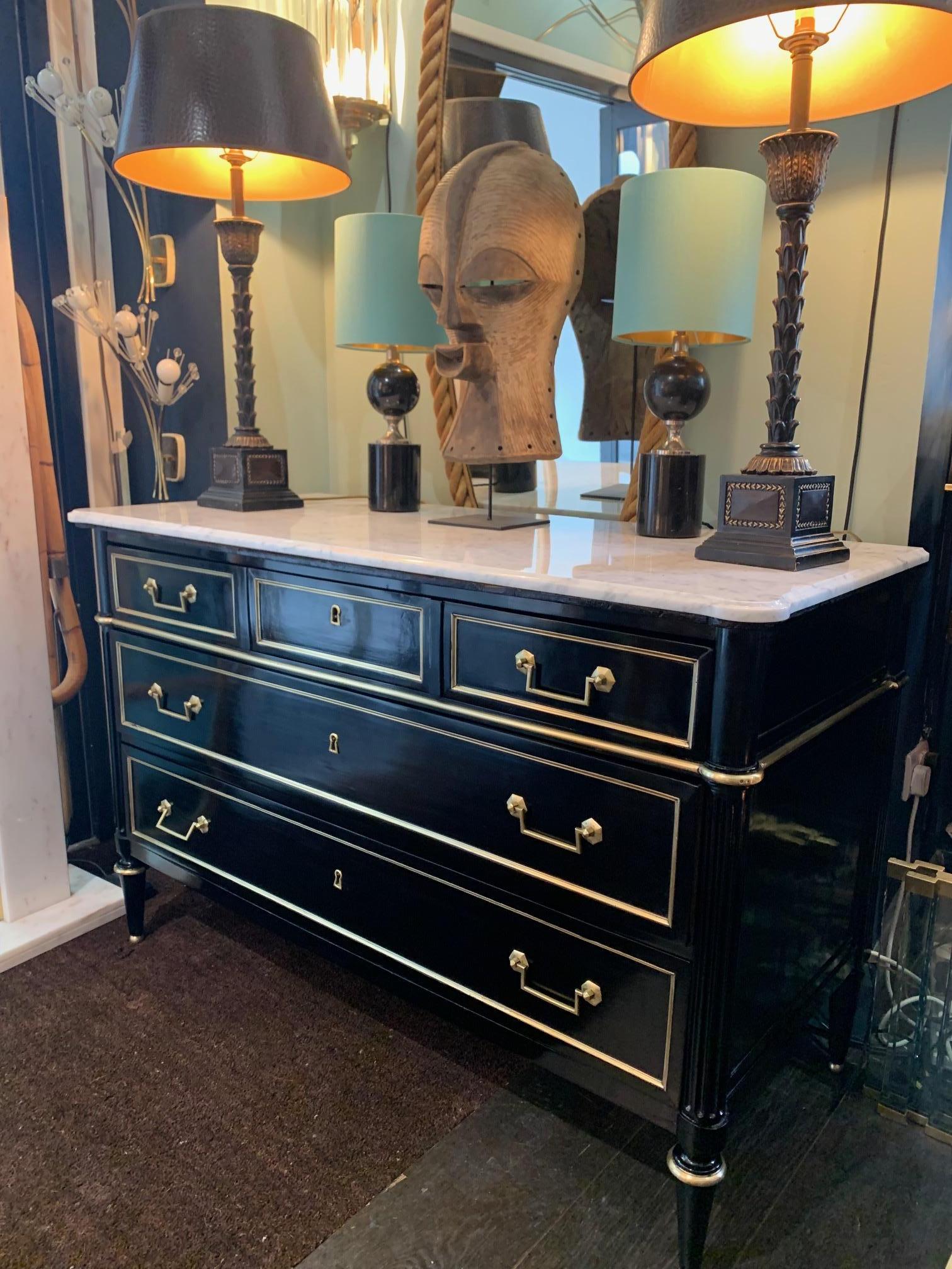 Lovely Antique French Louis XVI Style Ebonised Commode with Carrara Marble Top 13