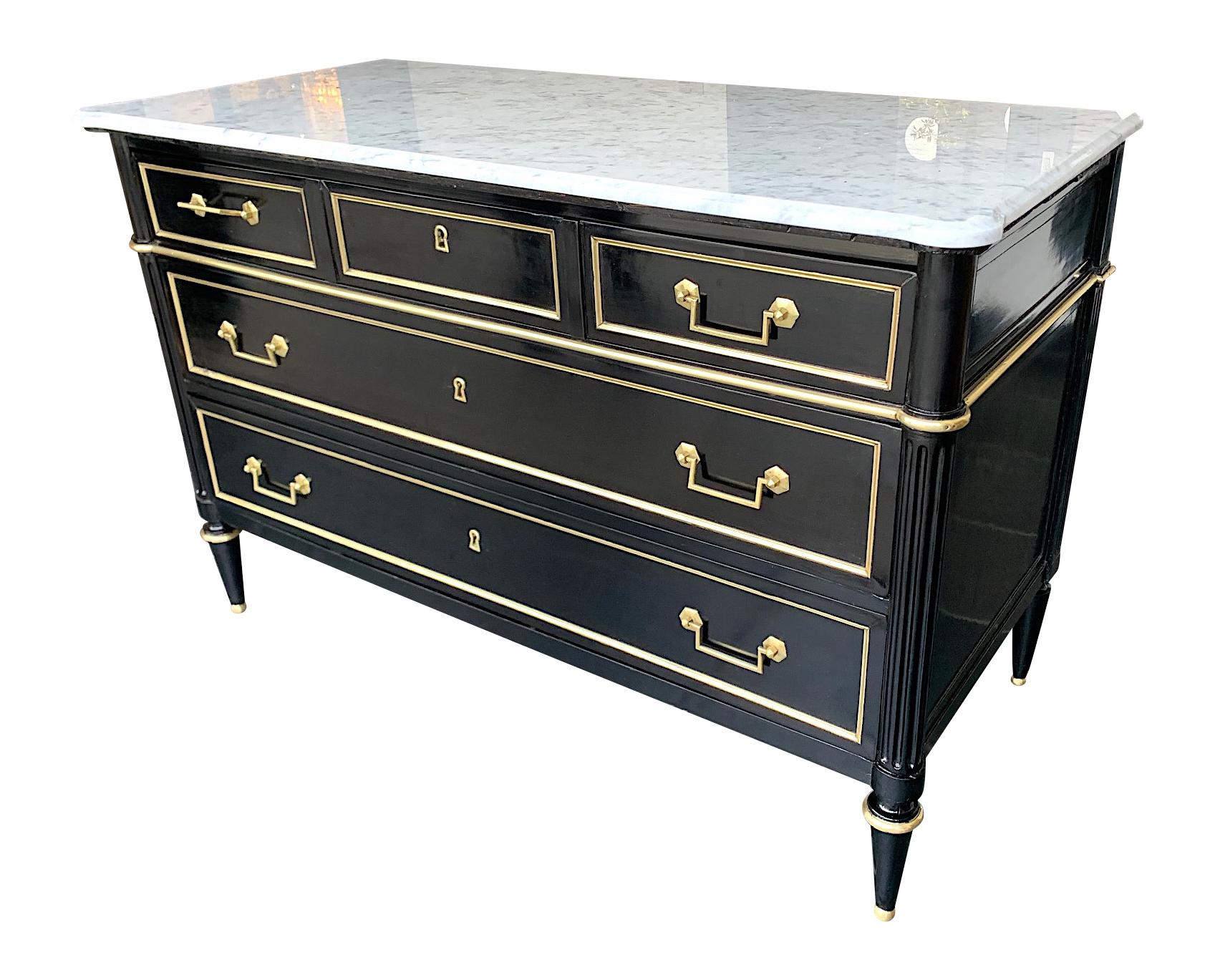Lovely Antique French Louis XVI Style Ebonised Commode with Carrara Marble Top In Good Condition In London, GB