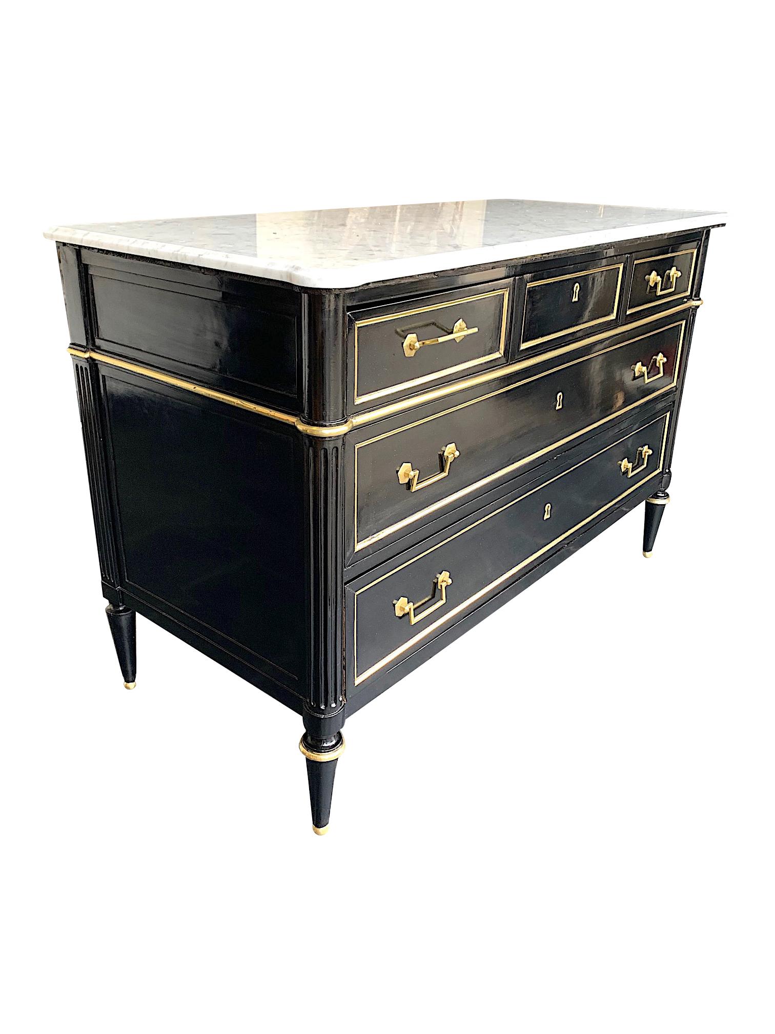 19th Century Lovely Antique French Louis XVI Style Ebonised Commode with Carrara Marble Top
