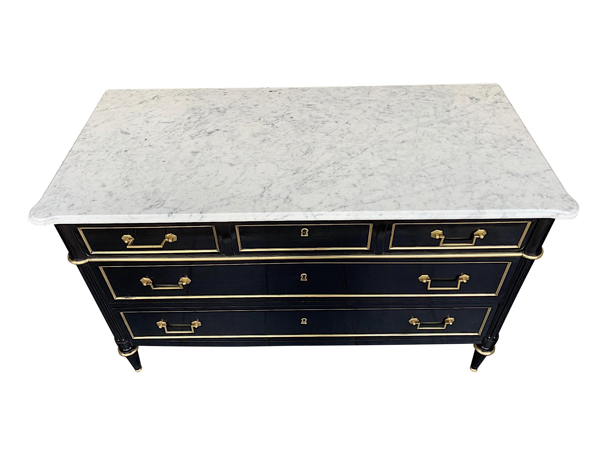 Lovely Antique French Louis XVI Style Ebonised Commode with Carrara Marble Top 1