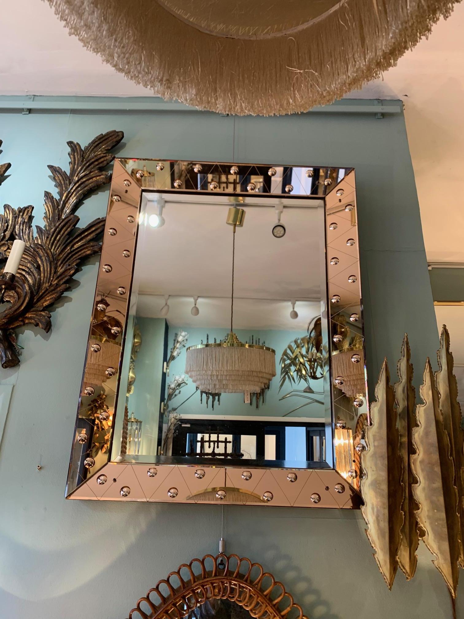 Lovely Art Deco Mirror with Rose Mirrored Frame with Convex Circular Detail 2