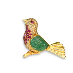 Lovely Carved Emerald Ruby and Diamond Bird Brooch