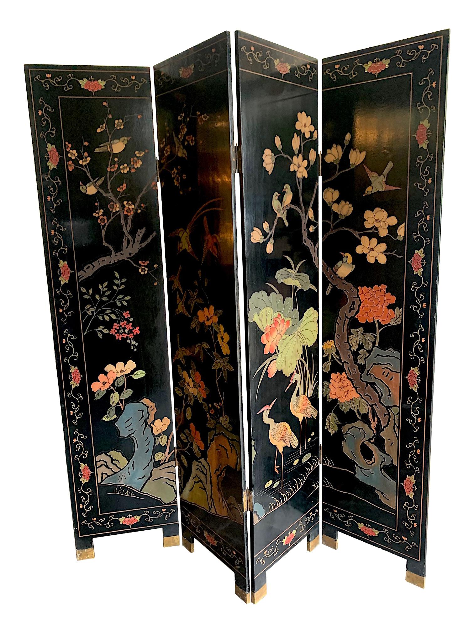 Lovely Four Panel Midcentury Chinese Lacquered Screen with Birds and Foliage 1