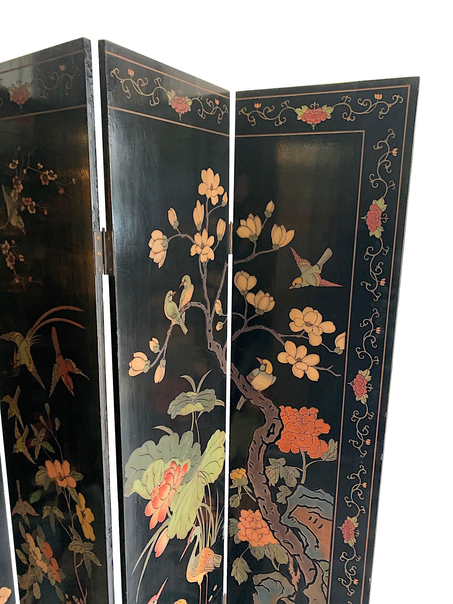 Lovely Four Panel Midcentury Chinese Lacquered Screen with Birds and Foliage 2