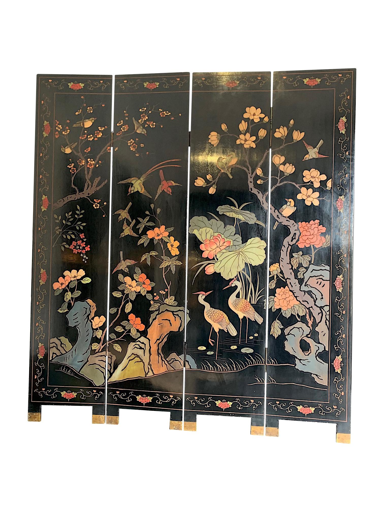 Lovely Four Panel Midcentury Chinese Lacquered Screen with Birds and Foliage 3
