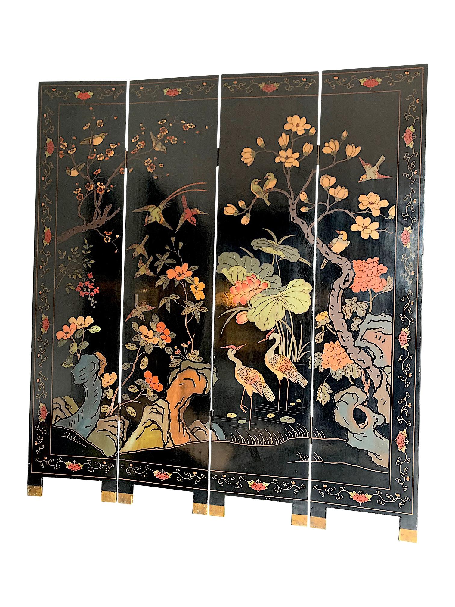 Lovely Four Panel Midcentury Chinese Lacquered Screen with Birds and Foliage 4