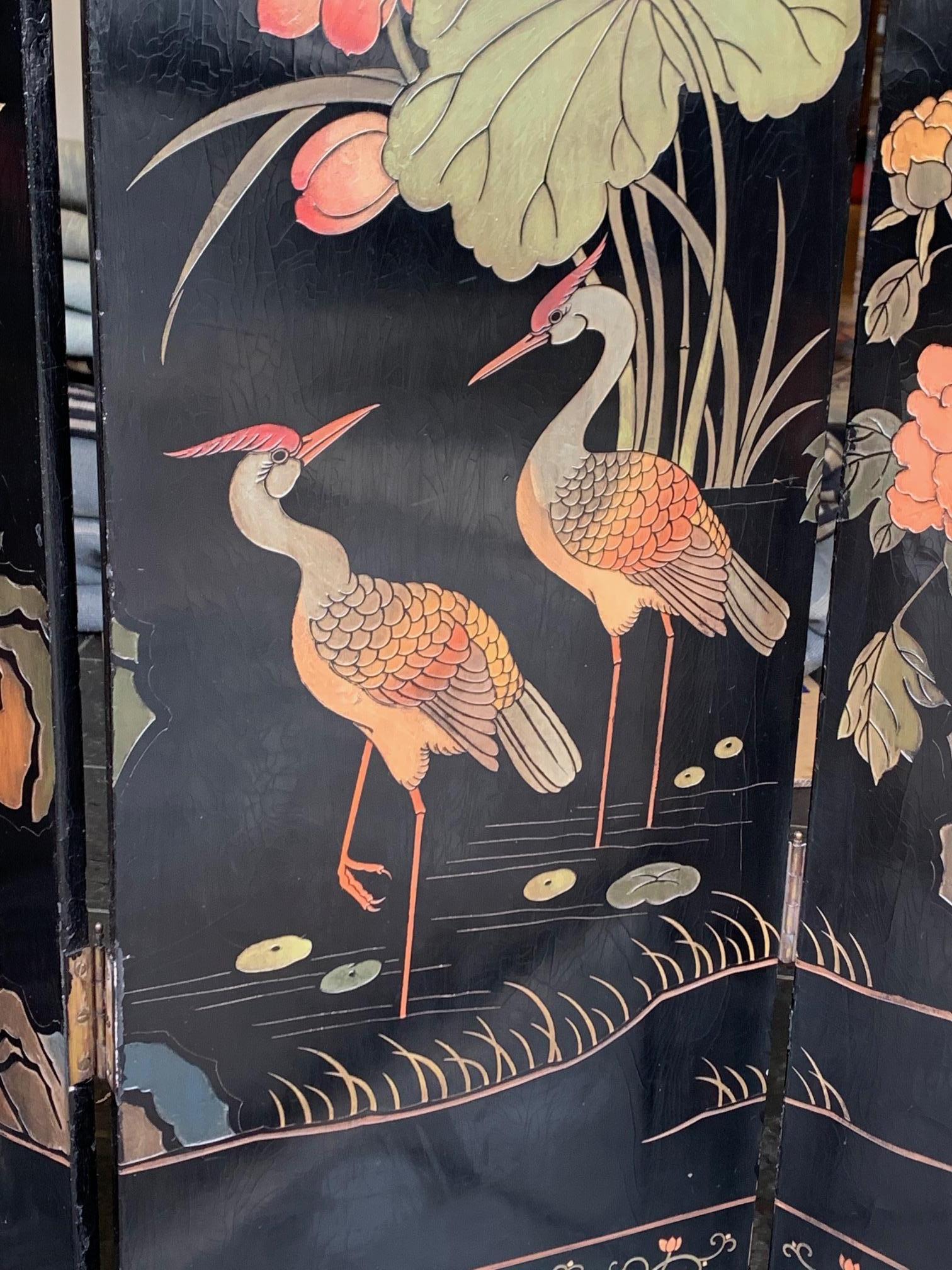 Lovely Four Panel Midcentury Chinese Lacquered Screen with Birds and Foliage 7