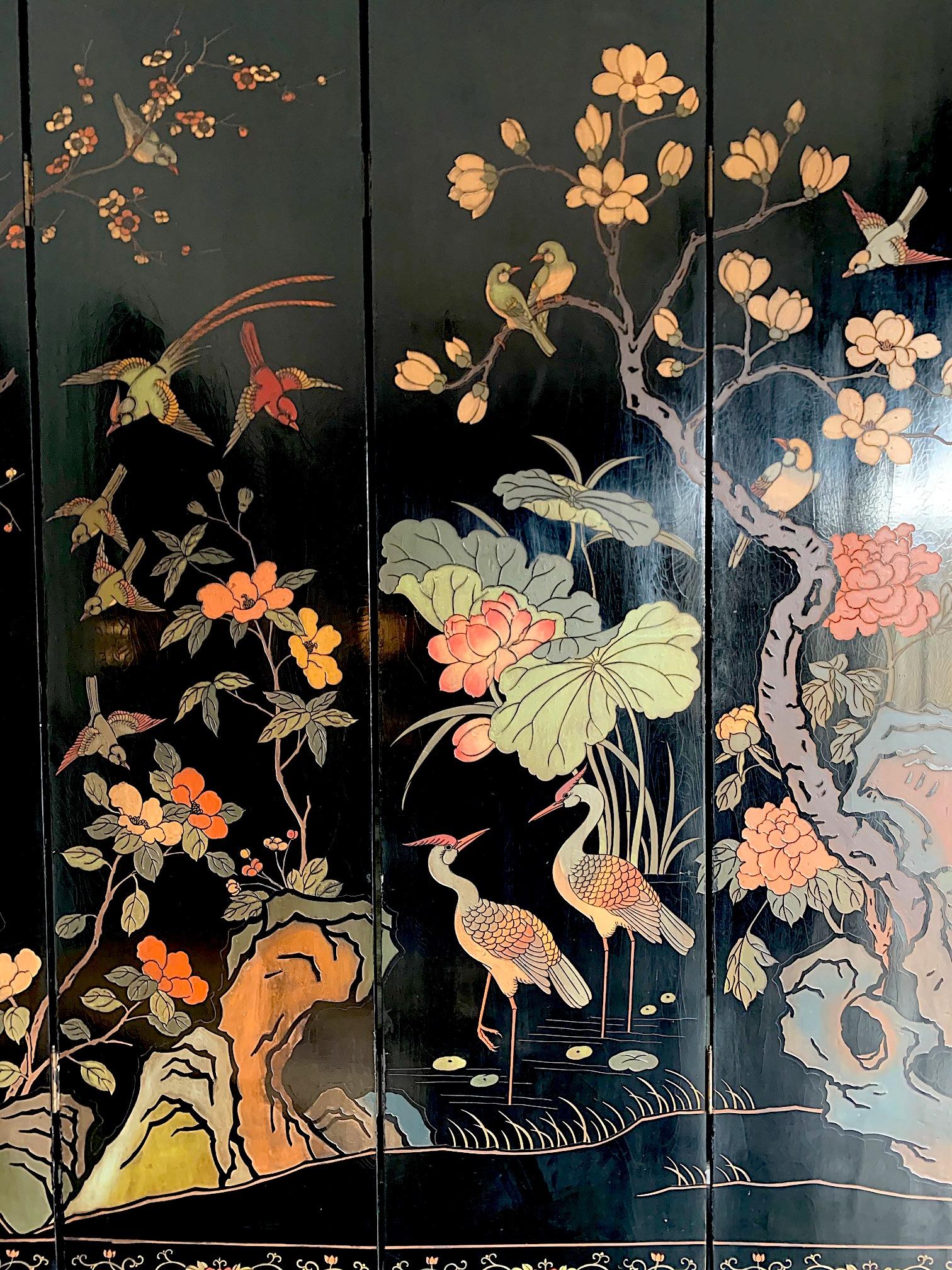 Lovely Four Panel Midcentury Chinese Lacquered Screen with Birds and Foliage 9