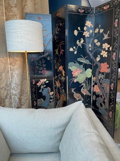 Lovely Four Panel Midcentury Chinese Lacquered Screen with Birds and Foliage