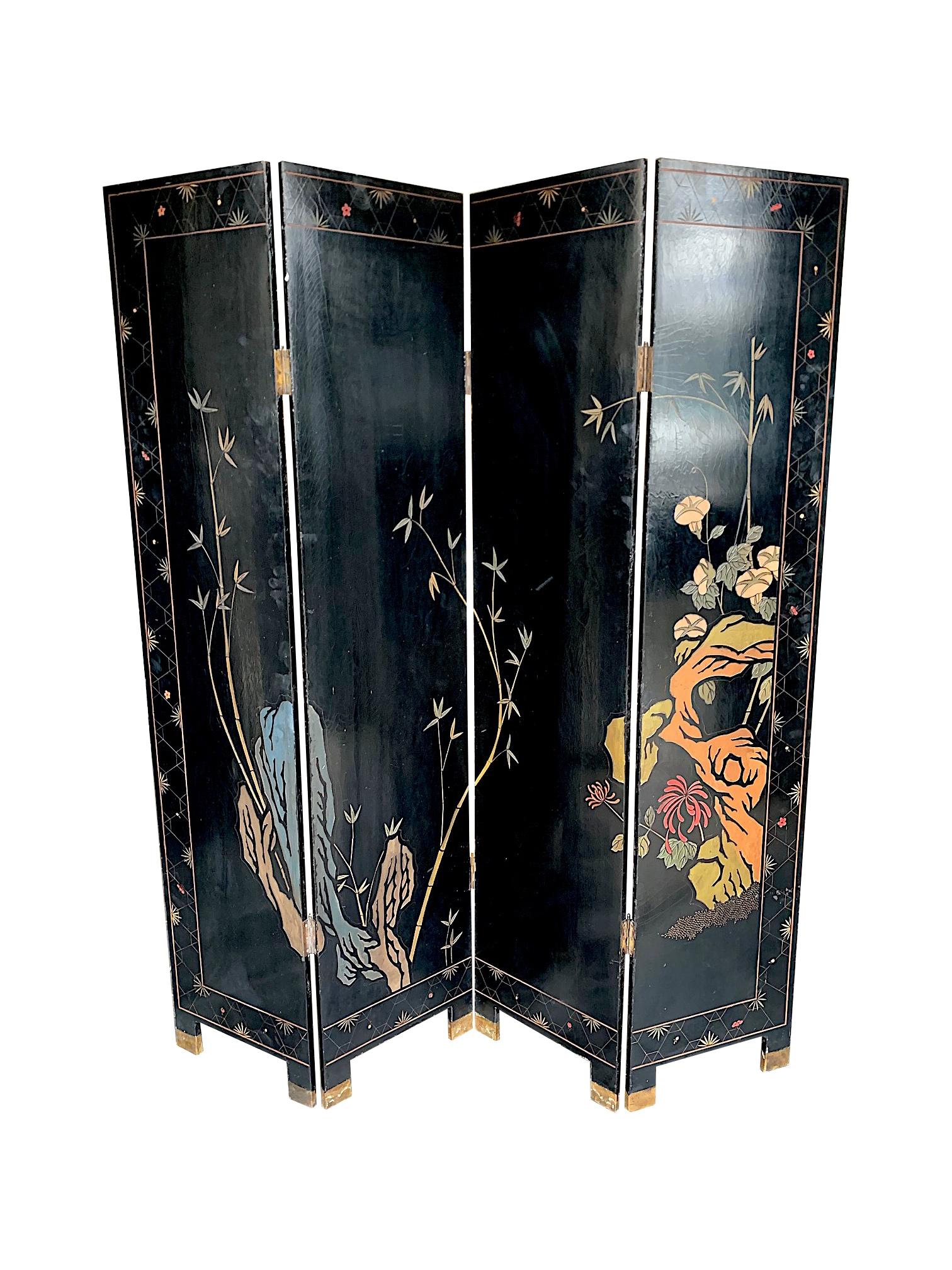 Mid-Century Modern Lovely Four Panel Midcentury Chinese Lacquered Screen with Birds and Foliage