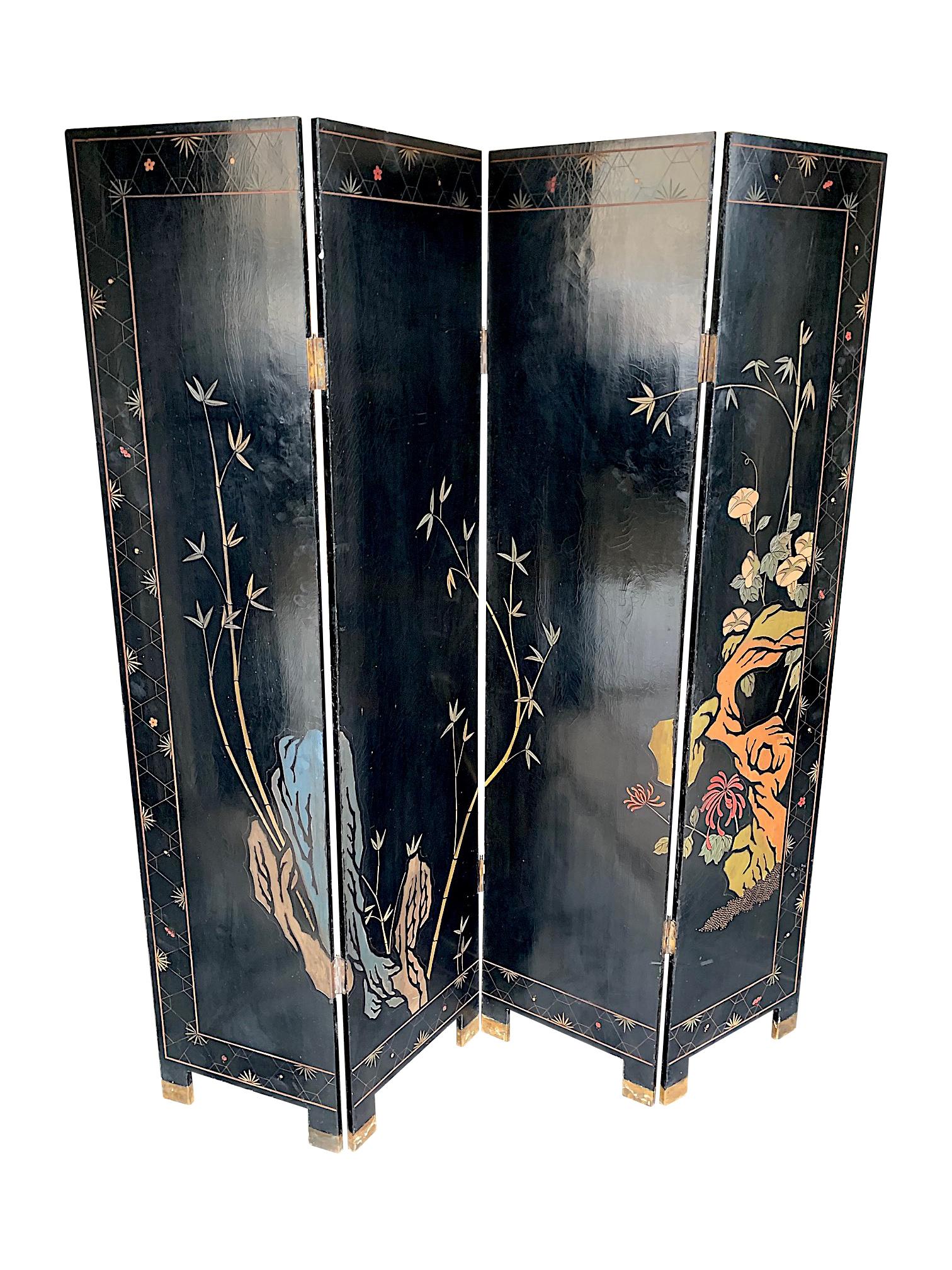 Brass Lovely Four Panel Midcentury Chinese Lacquered Screen with Birds and Foliage