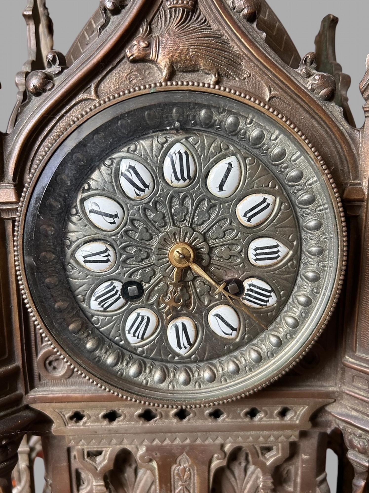 A Lovely French Bronze Gothic Shelf Clock 7