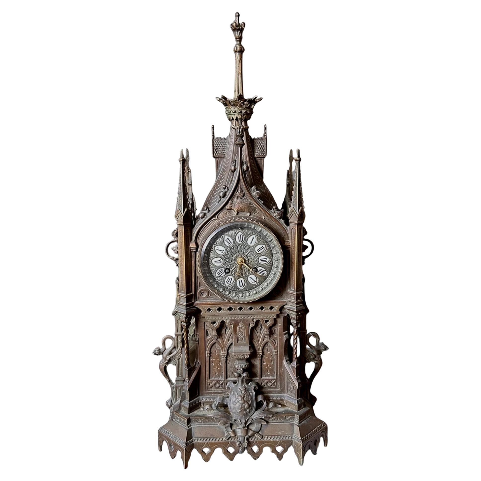 A Lovely French Bronze Gothic Shelf Clock