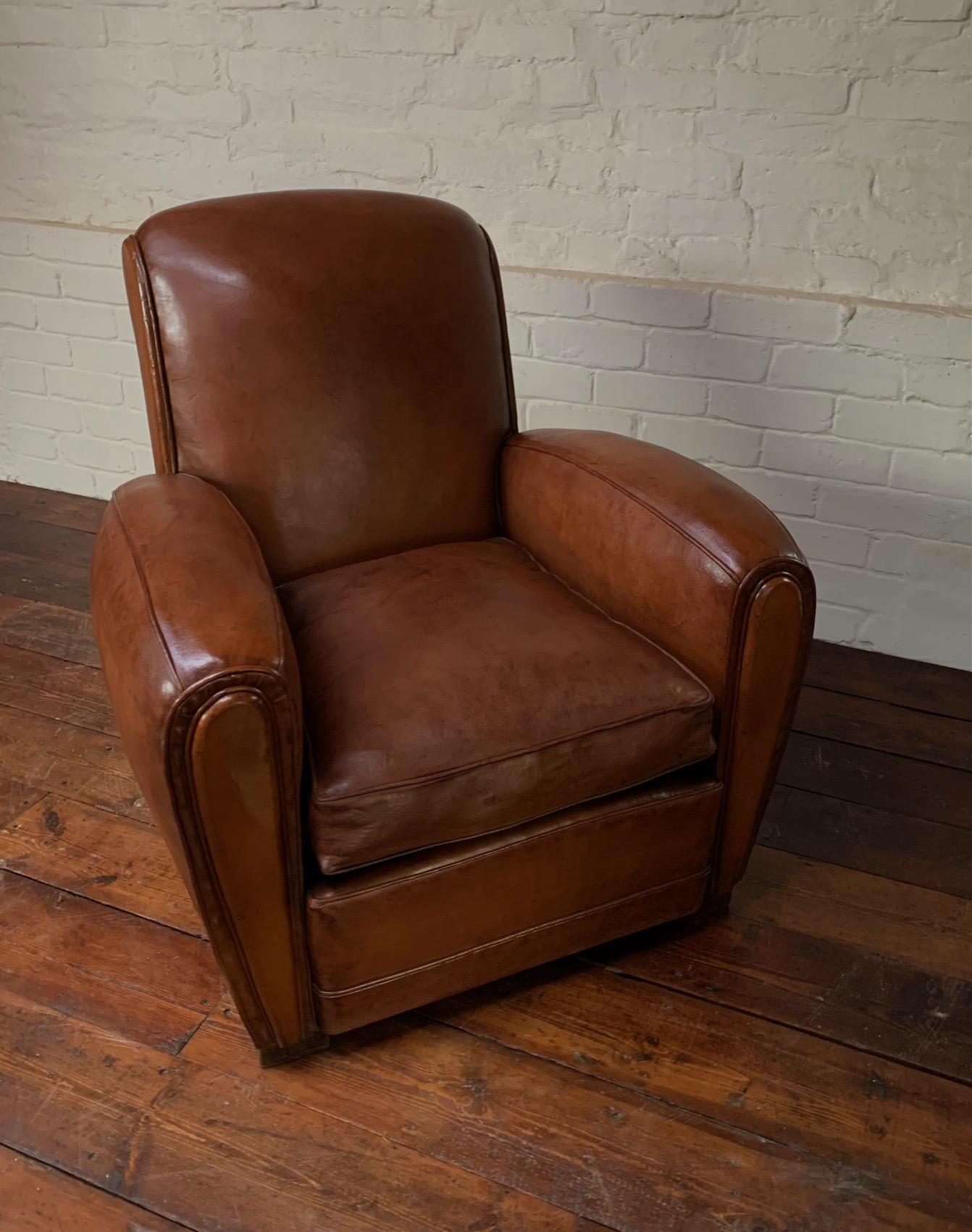 A lovely French Leather club Chair Cuban Lounge Model Circa 1940’s In Excellent Condition In Hastings, GB